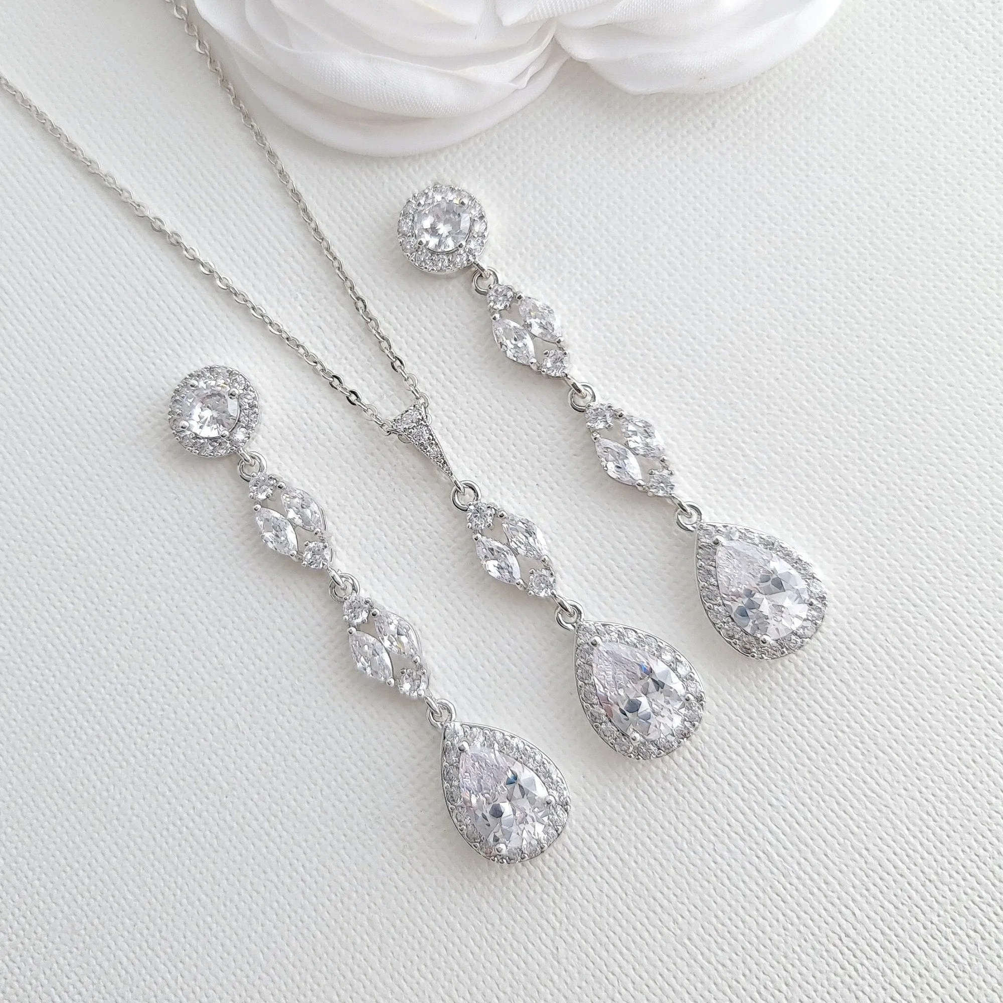 Long Earrings Drop Necklace & Bracelet Bridal Jewelry Set- Hayley