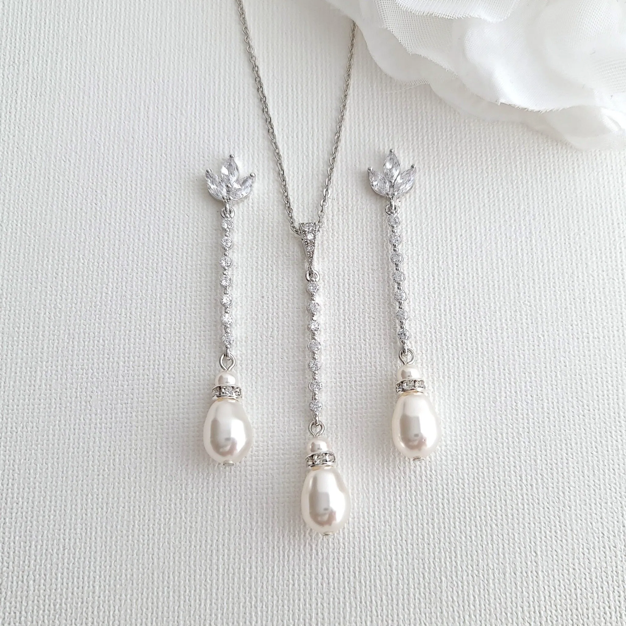 Long Pearl Drop Earrings and Necklace Set- Jodi