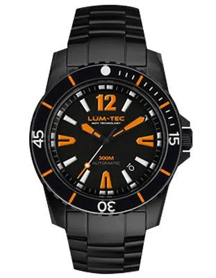 Lum-Tec Mens 300M XL Automatic Dive Watch - 45mm Case - Black with Orange Accent