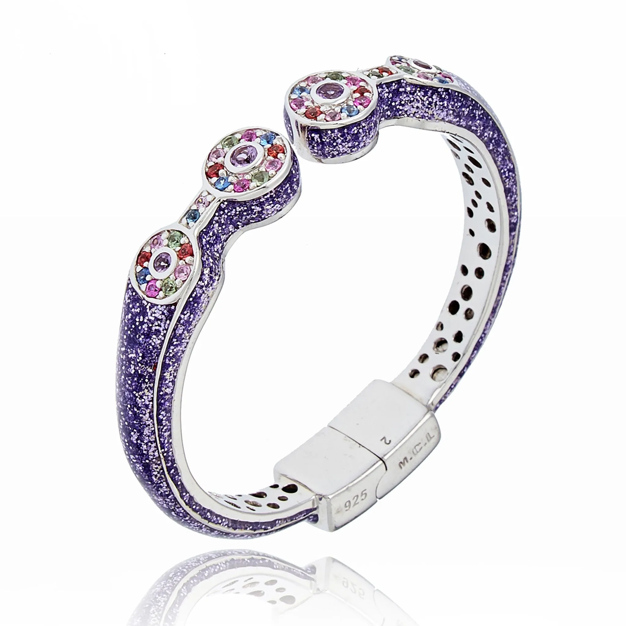 MCL Design White Rhodium Plated Sterling Bangle Bracelet With Glitter Light Purple Enamel Berry Mix Sapphire And Amethyst