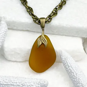 Medicine Bottle Amber Sea Glass Pendant with Bronze Mermaid Tail | #5056