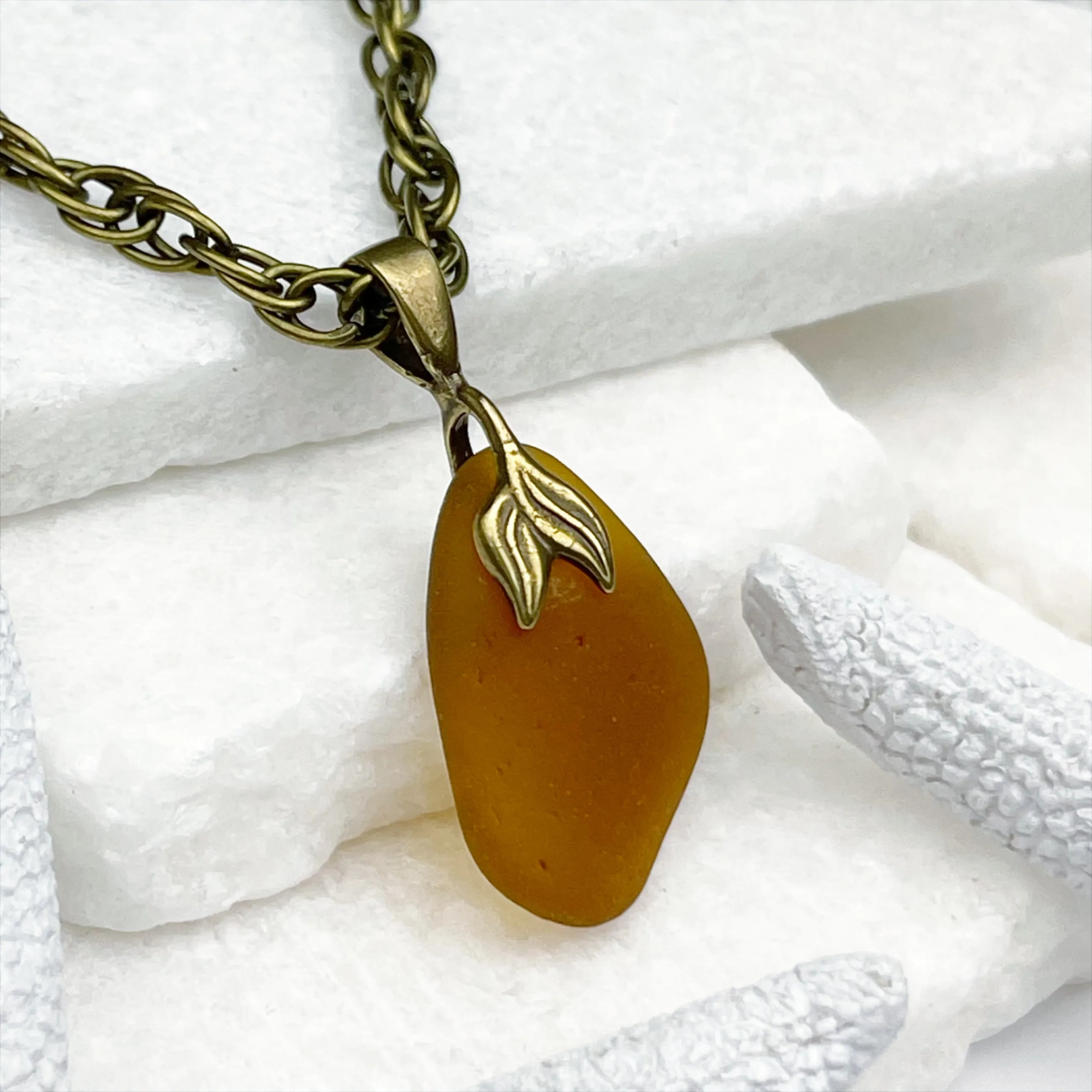 Medicine Bottle Amber Sea Glass Pendant with Bronze Mermaid Tail | #5056