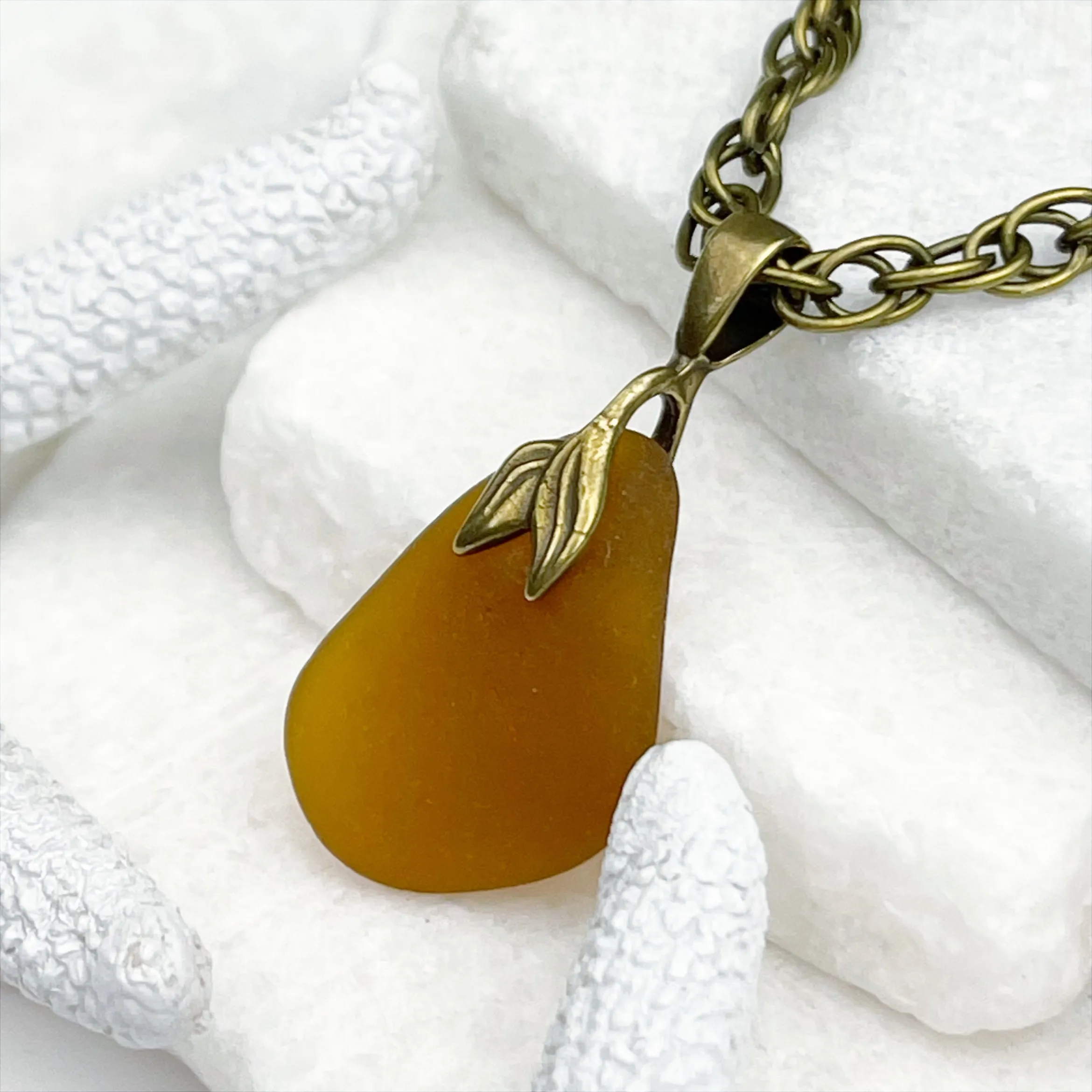 Medicine Bottle Amber Sea Glass Pendant with Bronze Mermaid Tail | #5056