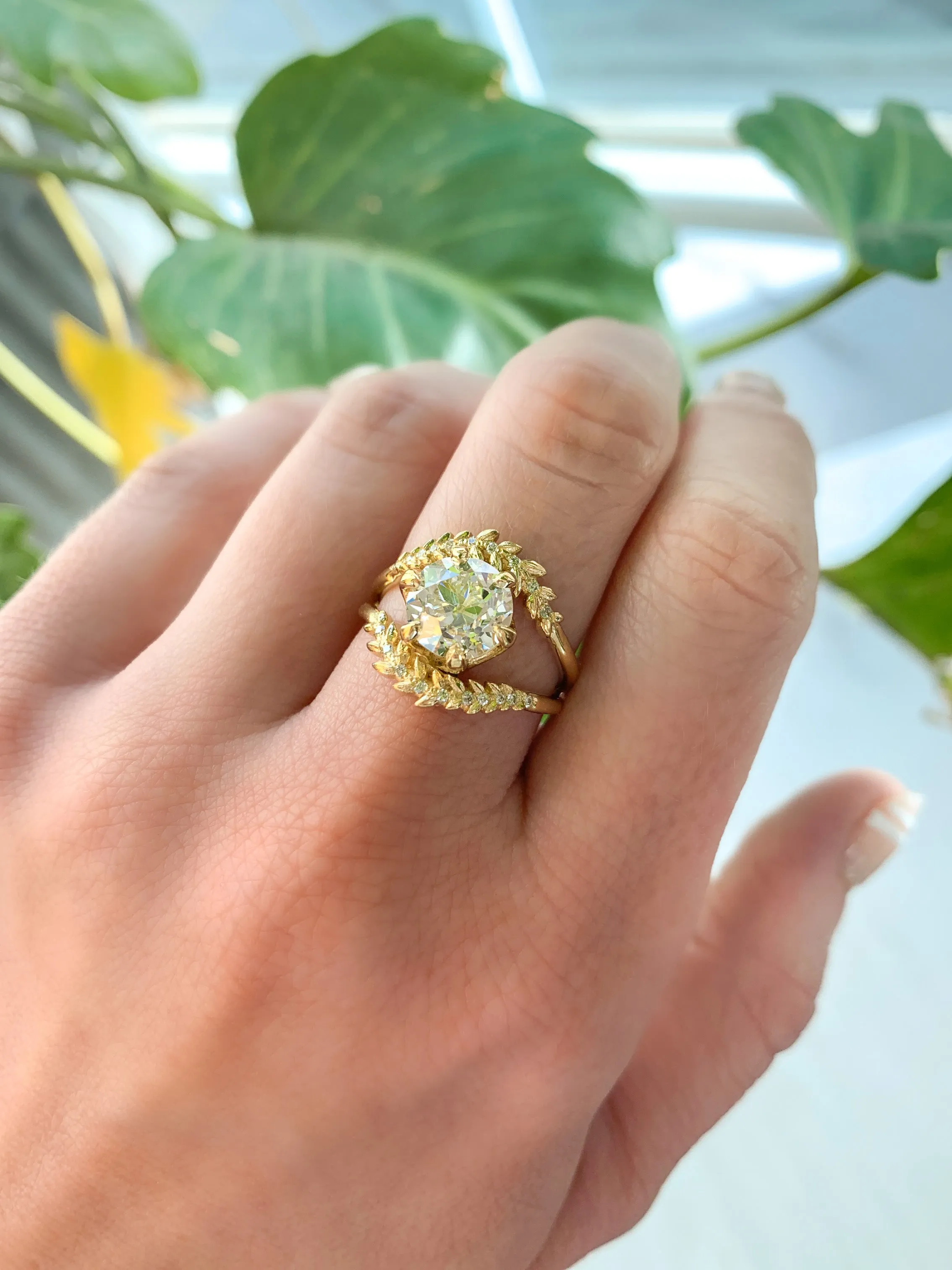 Misfit Diamonds Collaboration: 2.18ct GIA Antique Old European Cut Diamond with Split Shank Diamond Vine Band in 18k Yellow Gold