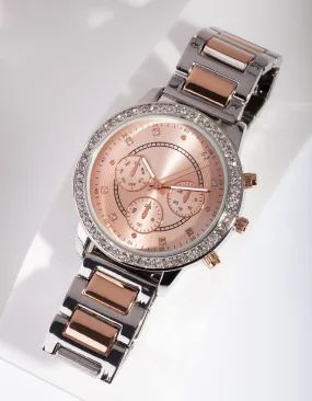 Mixed Metal Diamante Link Strap Watch