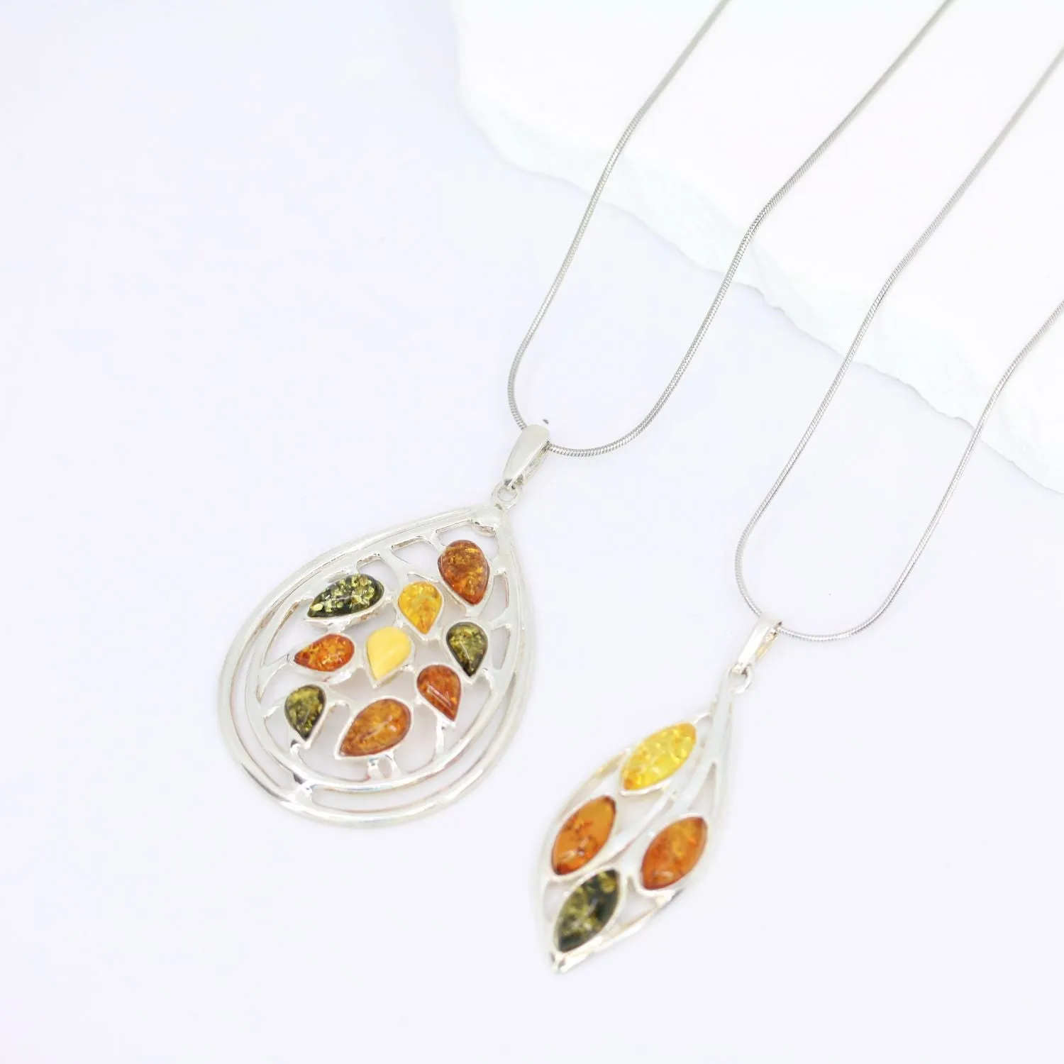 Multi-Color Amber Teardrop Pendant in Sterling Silver