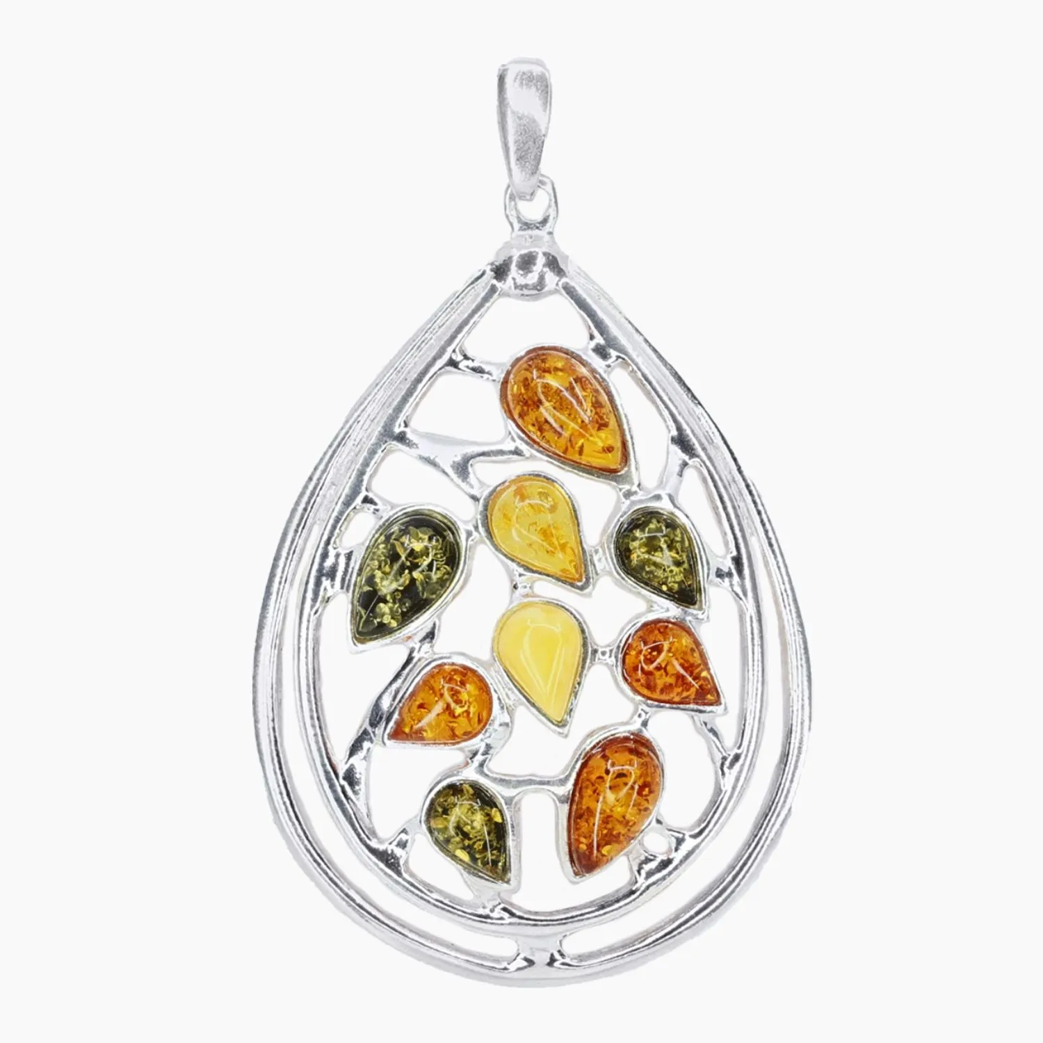 Multi-Color Amber Teardrop Pendant in Sterling Silver