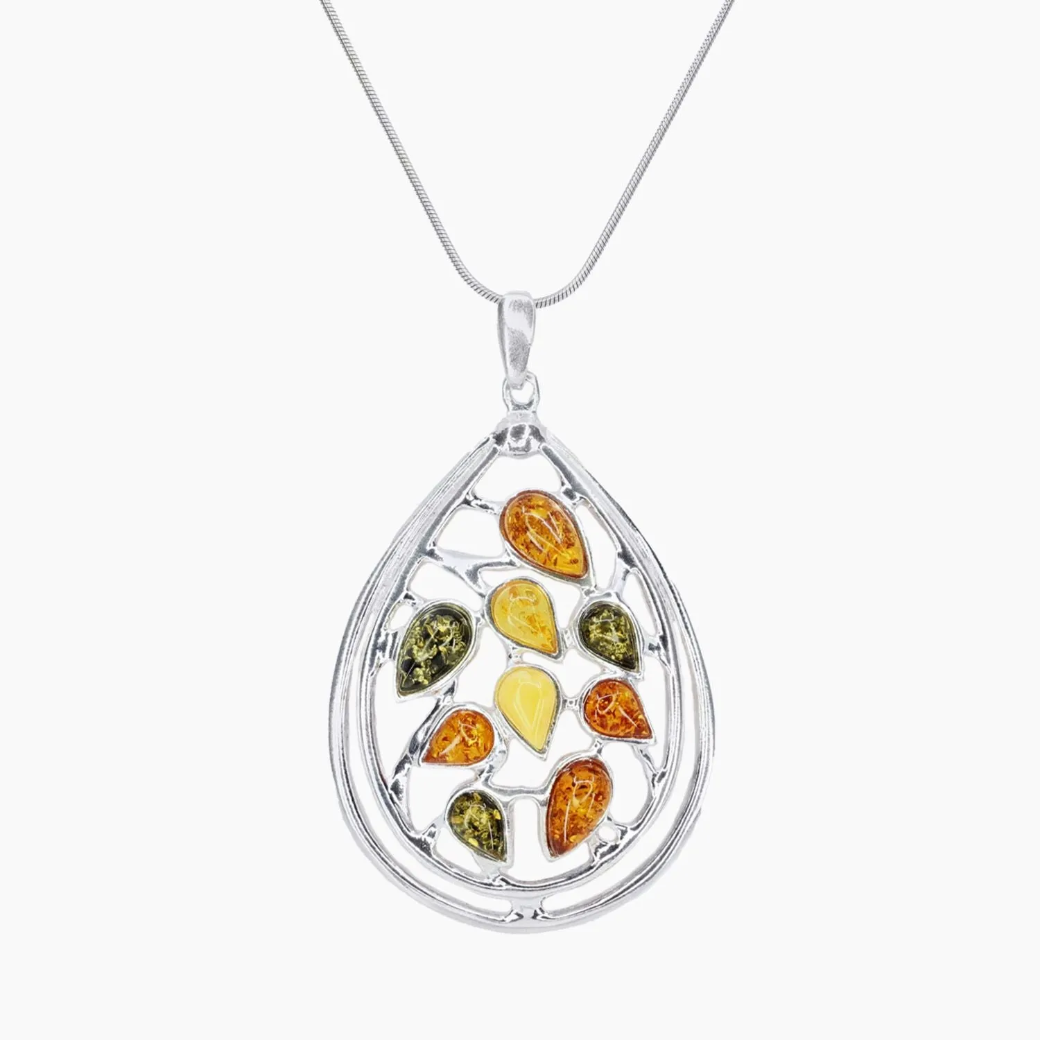 Multi-Color Amber Teardrop Pendant in Sterling Silver