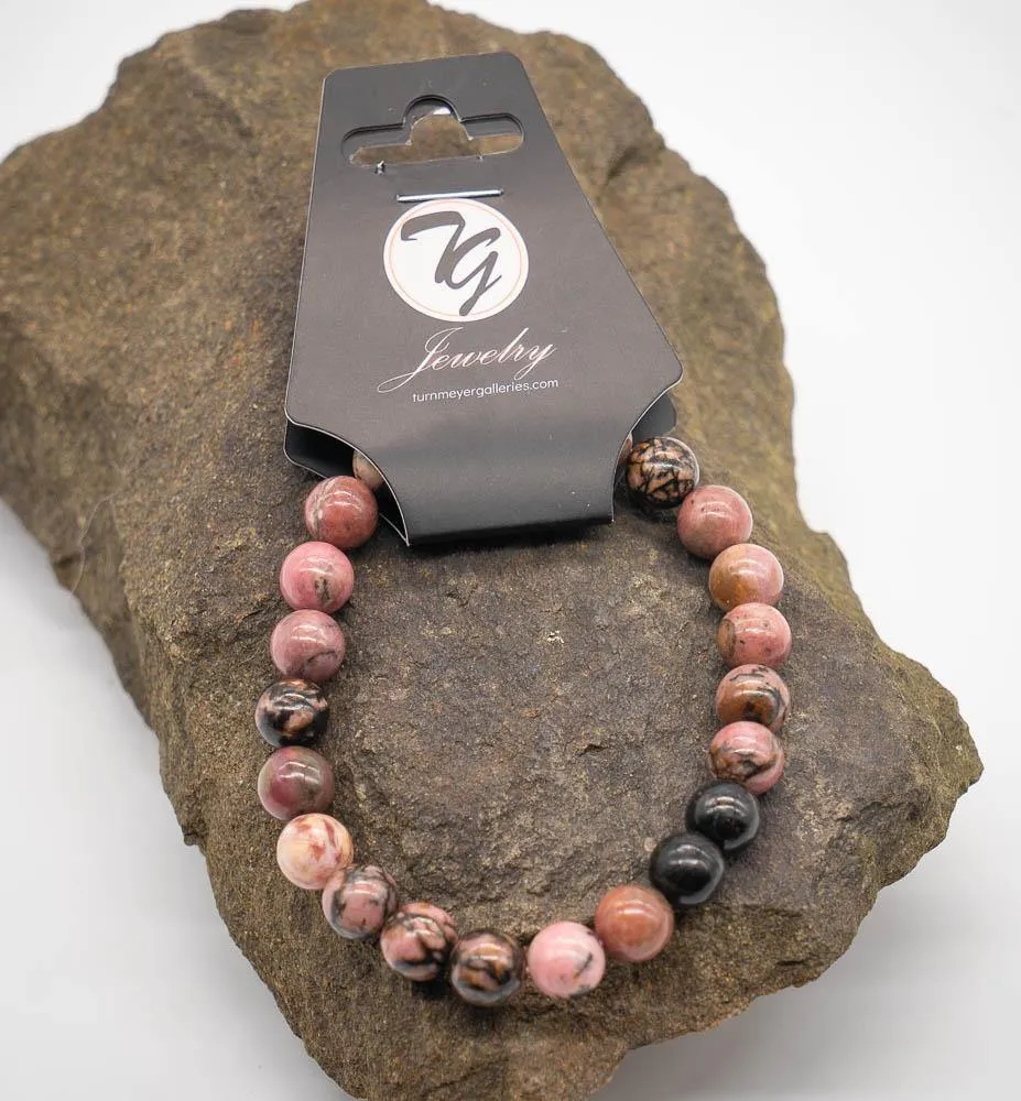 Natural Stone 8mm Beaded Stretch Bracelet - Rhodonite