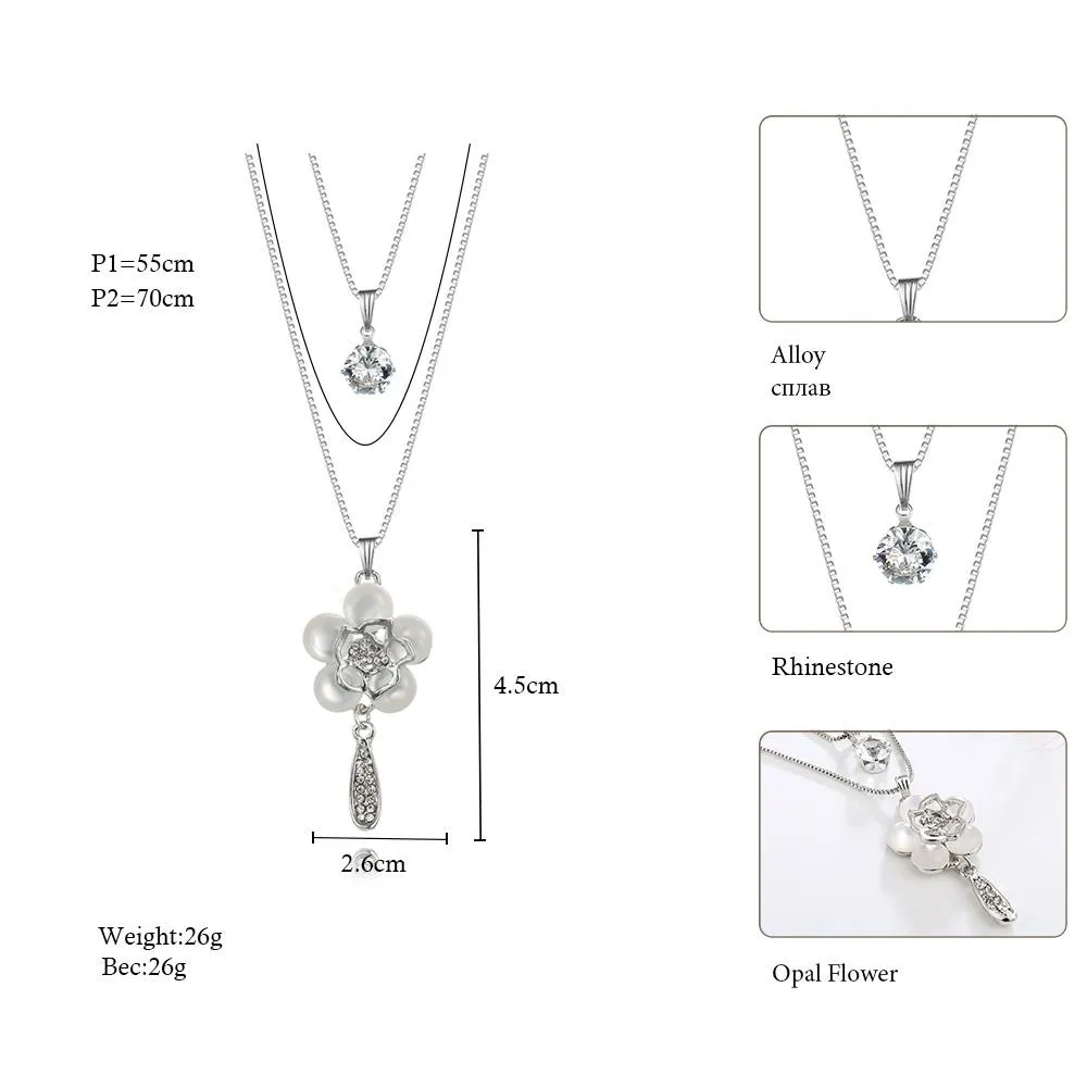 New Opal Flower Silver Color Chain Crystal Long Pendant Necklaces