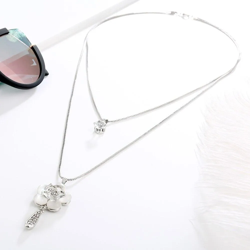 New Opal Flower Silver Color Chain Crystal Long Pendant Necklaces