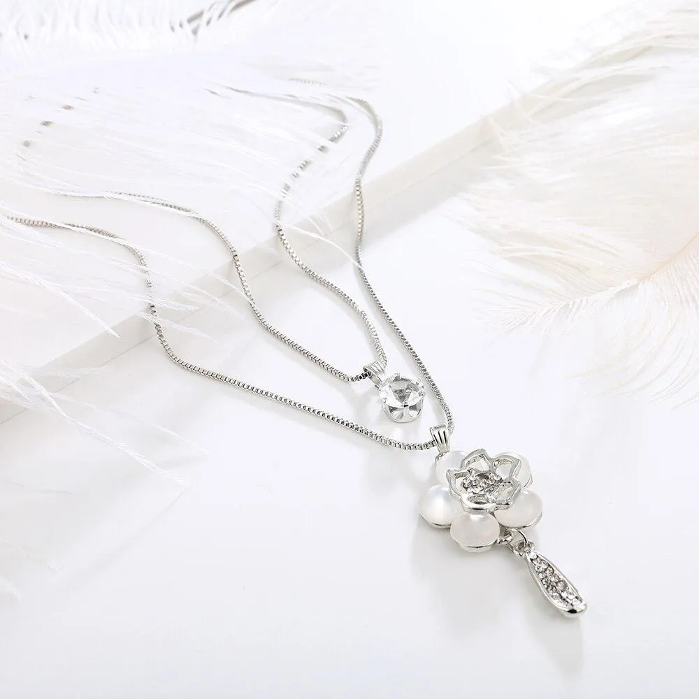 New Opal Flower Silver Color Chain Crystal Long Pendant Necklaces