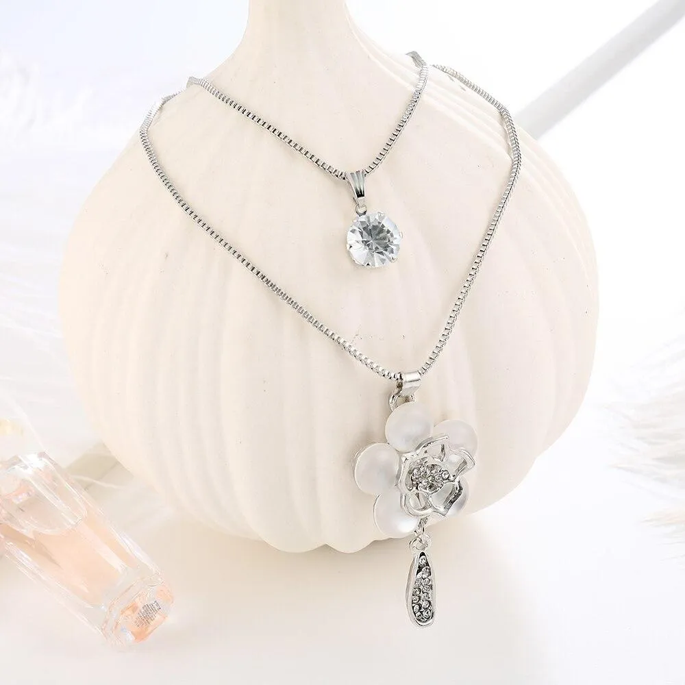 New Opal Flower Silver Color Chain Crystal Long Pendant Necklaces