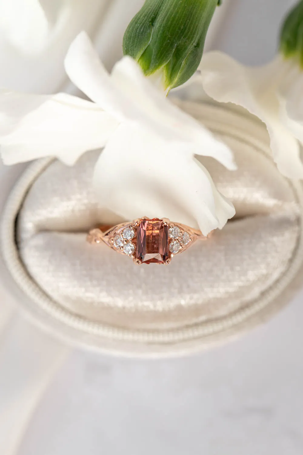 Pink tourmaline and diamonds engagement ring, emerald cut gemstone gold ring / Gloria