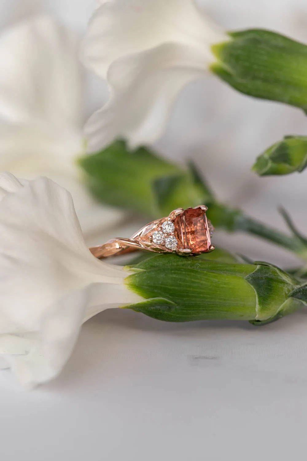 Pink tourmaline and diamonds engagement ring, emerald cut gemstone gold ring / Gloria