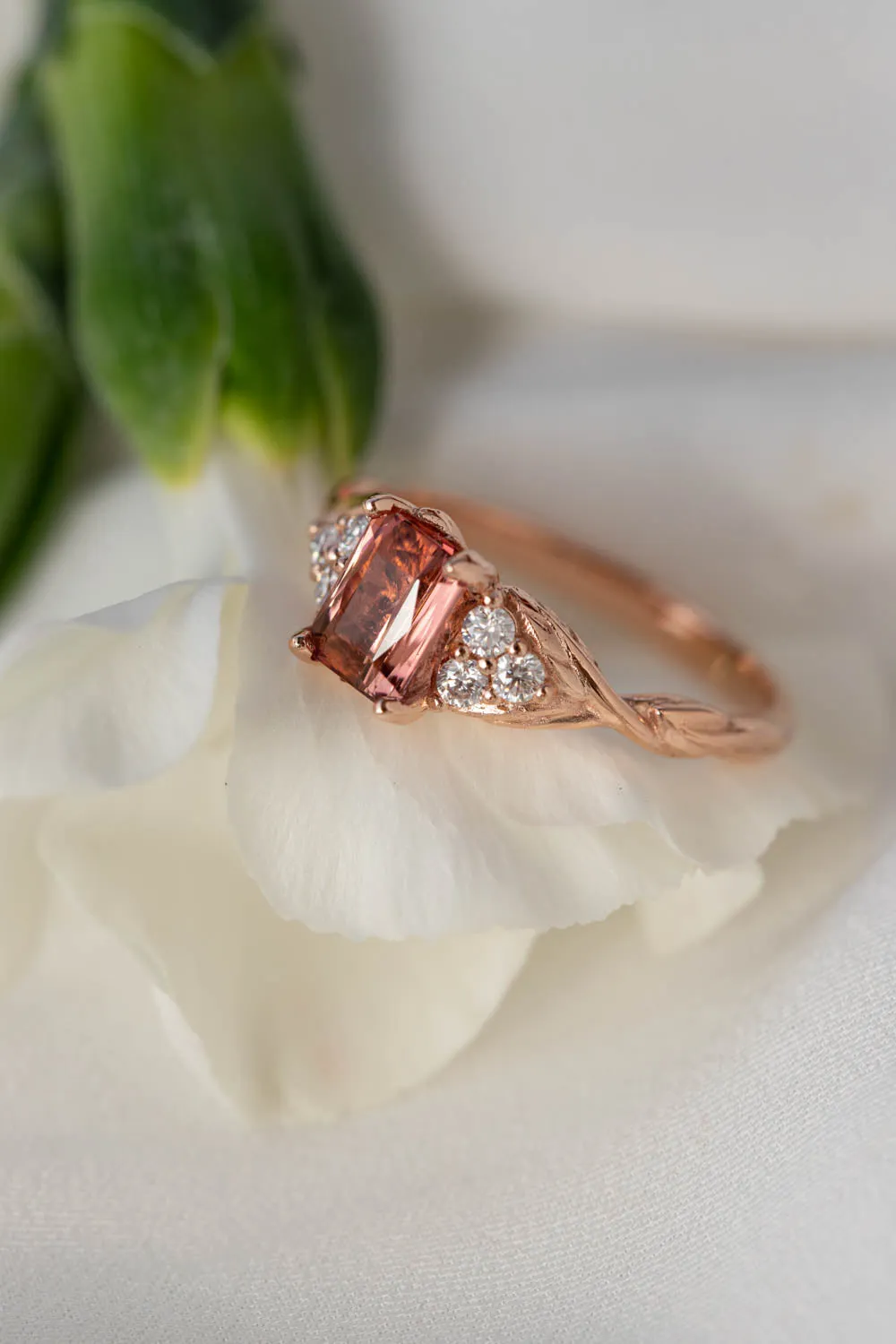 Pink tourmaline and diamonds engagement ring, emerald cut gemstone gold ring / Gloria