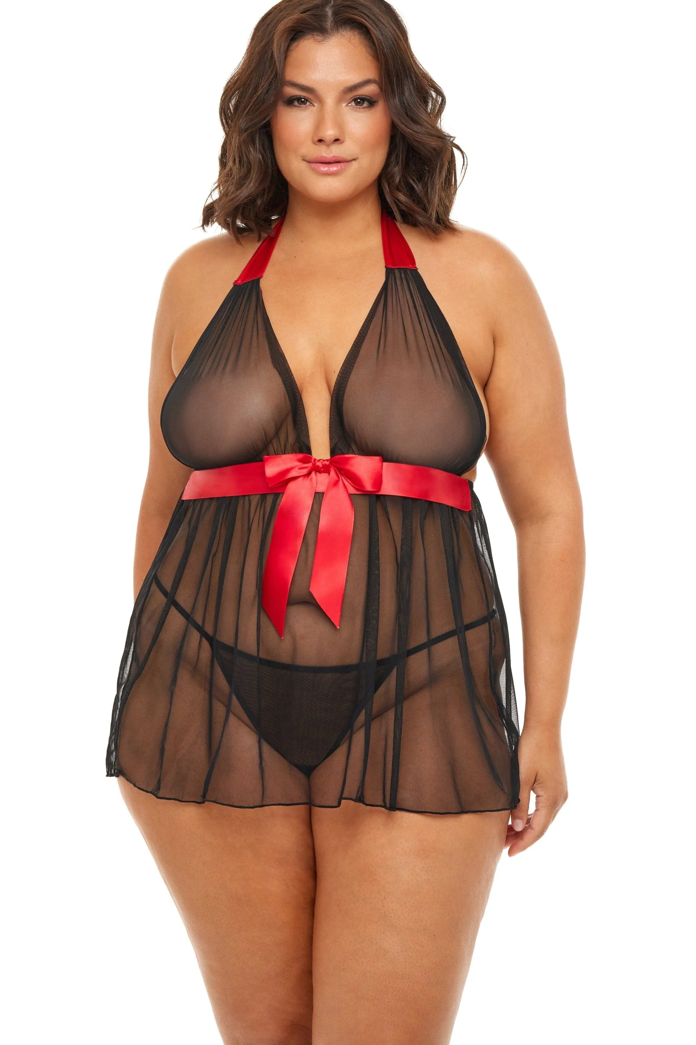 Plus Size Mesh Halter Babydoll With Satin Waist Bow Tie