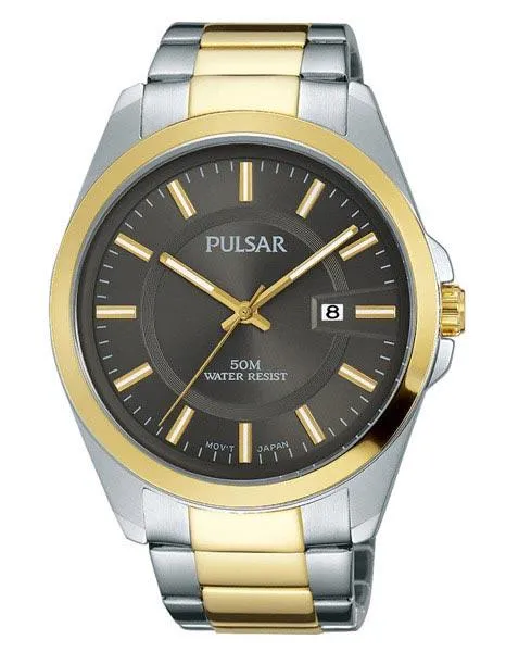 Pulsar Mens Business Dress Watch - Gray Dial - Two-Tone - Date - 50m