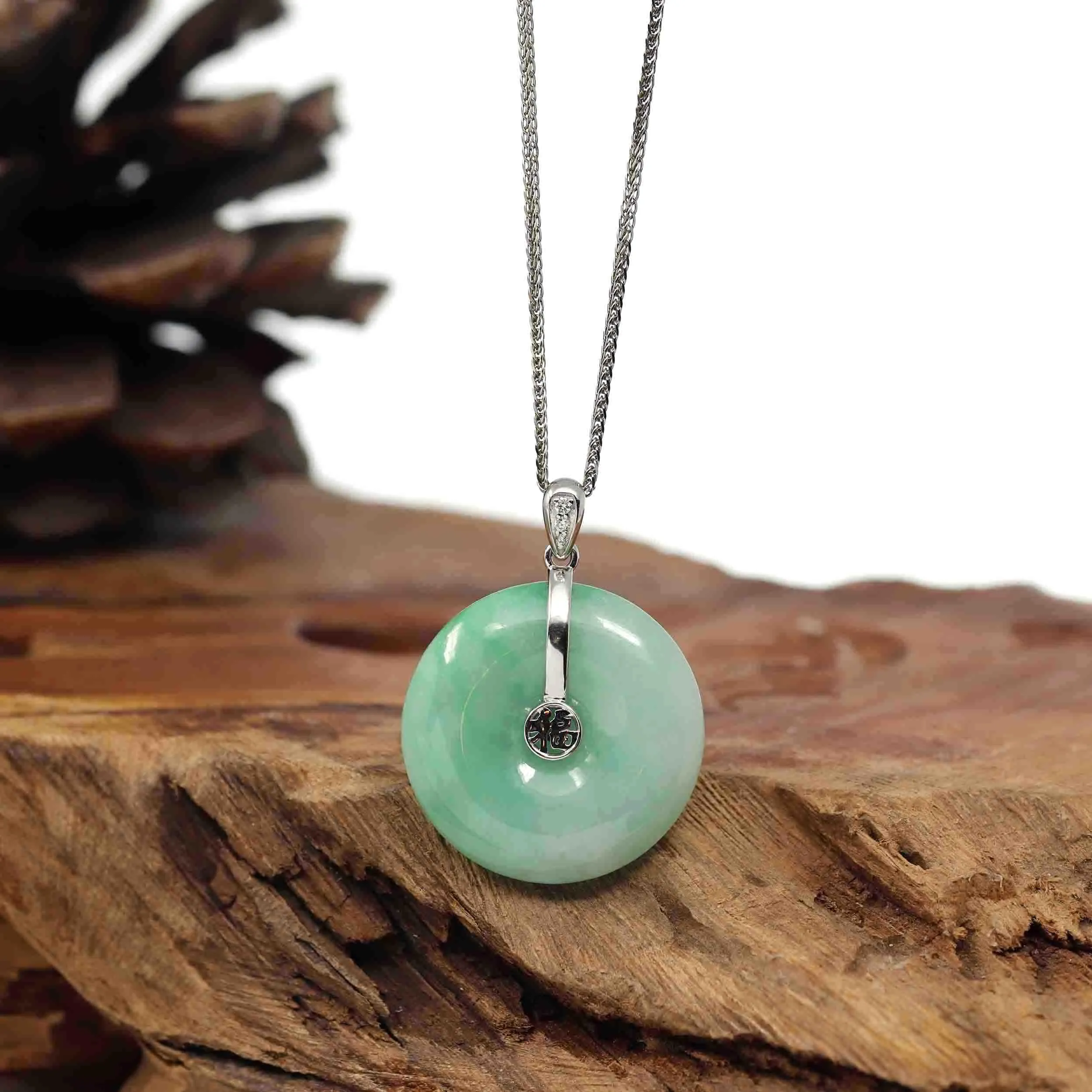 "Good Luck Button" Green Jadeite Jade Lucky KouKou Pendant With 14K White Gold Diamond Bail