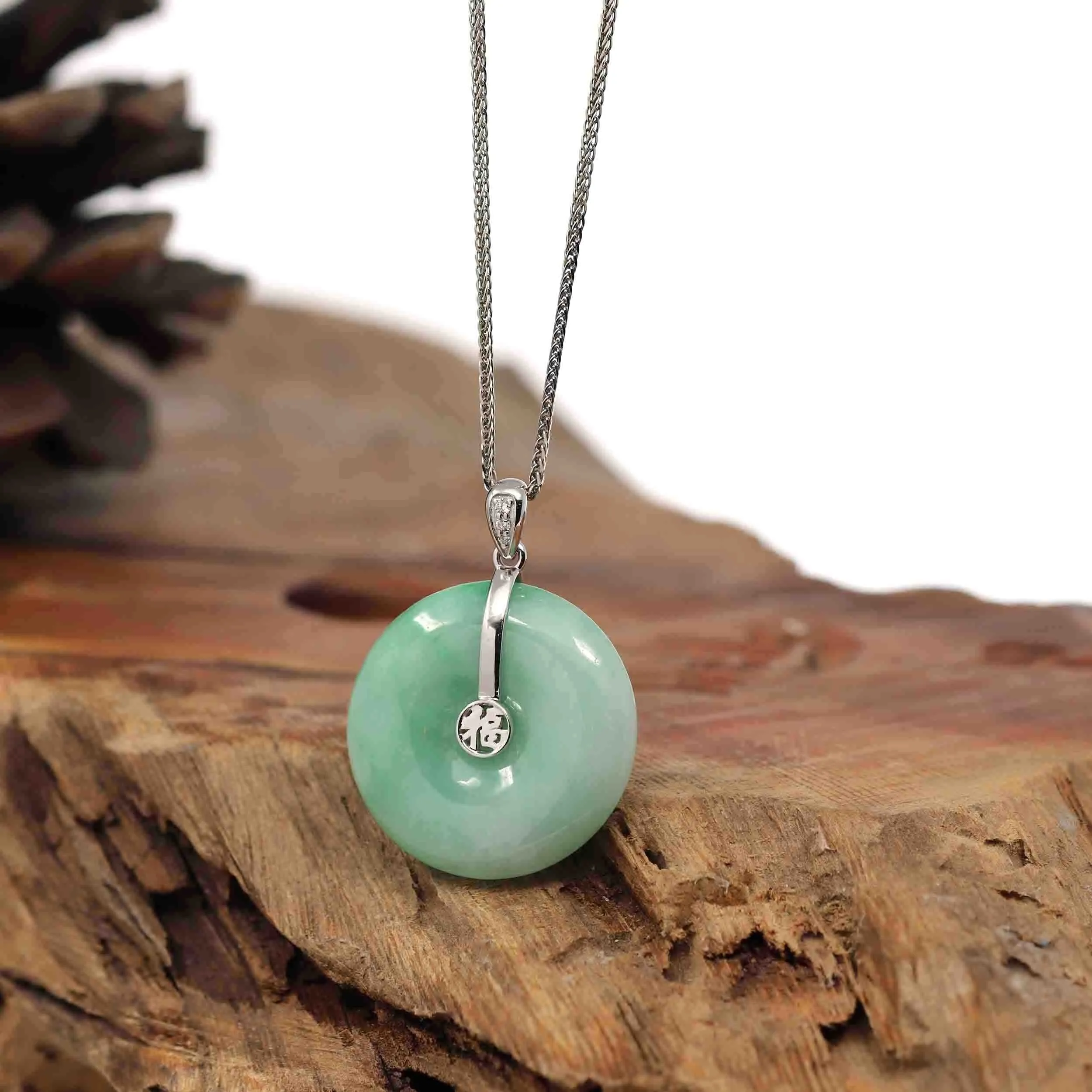 "Good Luck Button" Green Jadeite Jade Lucky KouKou Pendant With 14K White Gold Diamond Bail