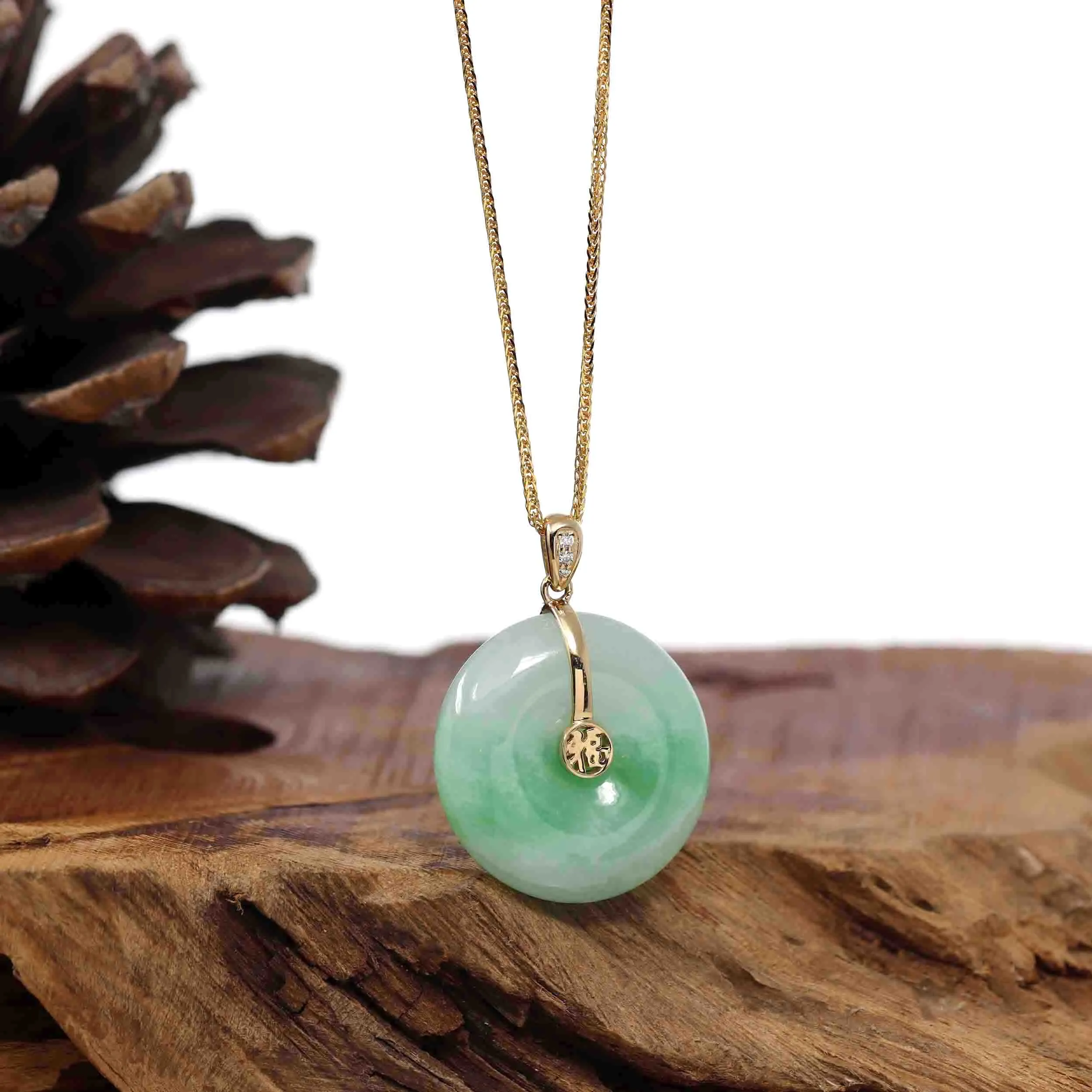 Green Jadeite Jade Lucky KouKou Pendant with 14K Yellow Gold Diamond Bail for Good Luck