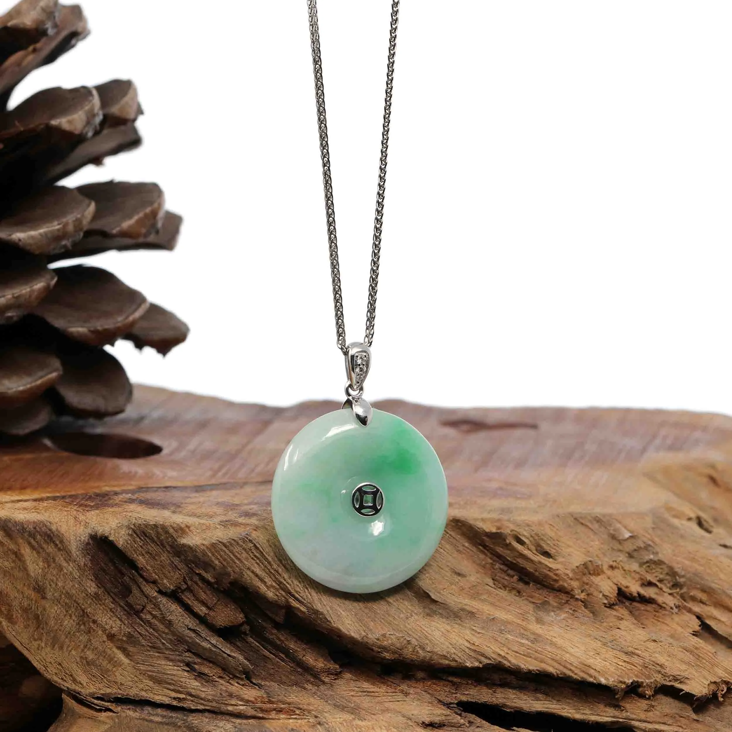 "Good Luck Button" Jadeite Jade Lucky KouKou Pendant With 14K White Gold Bail