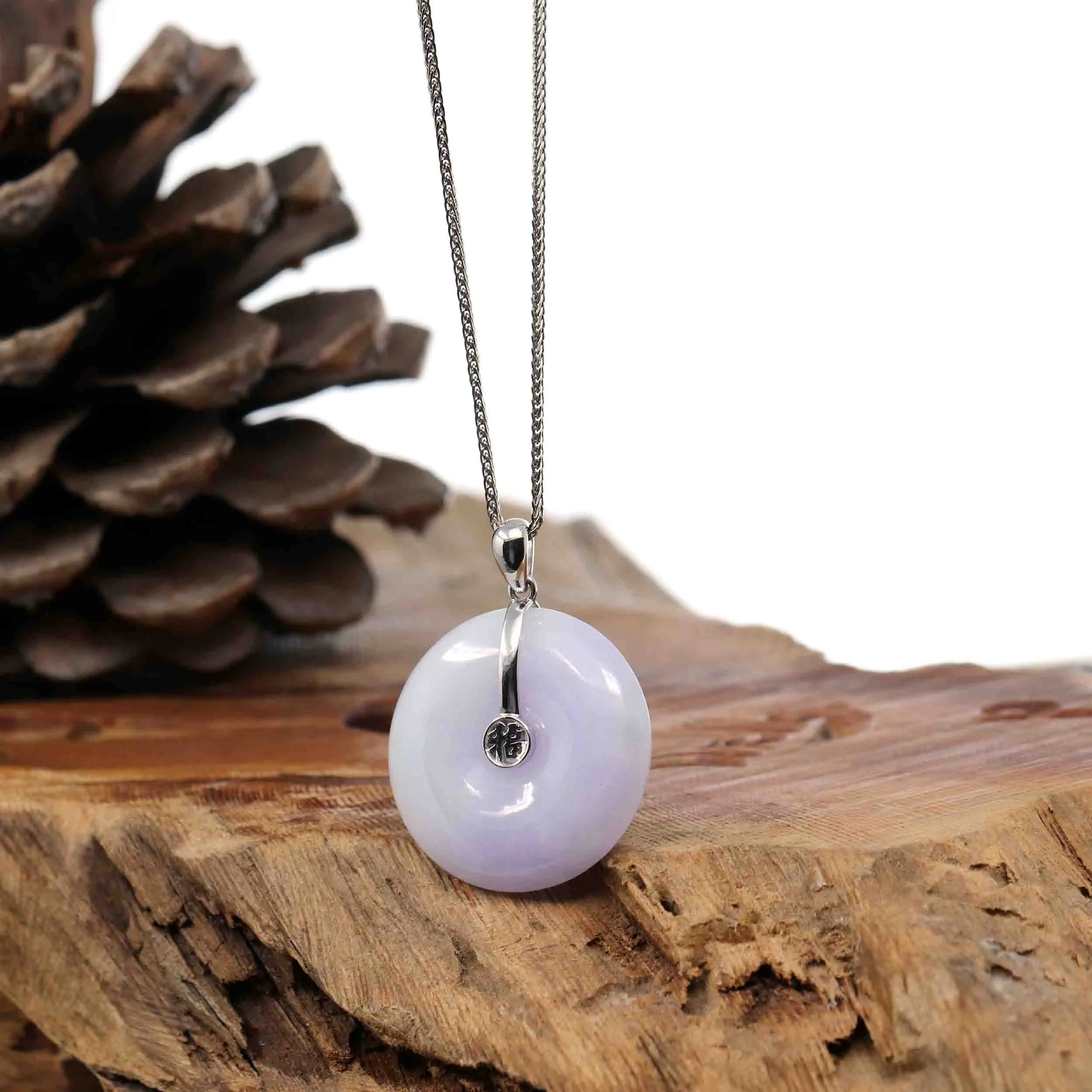 "Good Luck Button" Lavender Jadeite Jade Lucky KouKou Pendant With 14K White Gold Bail