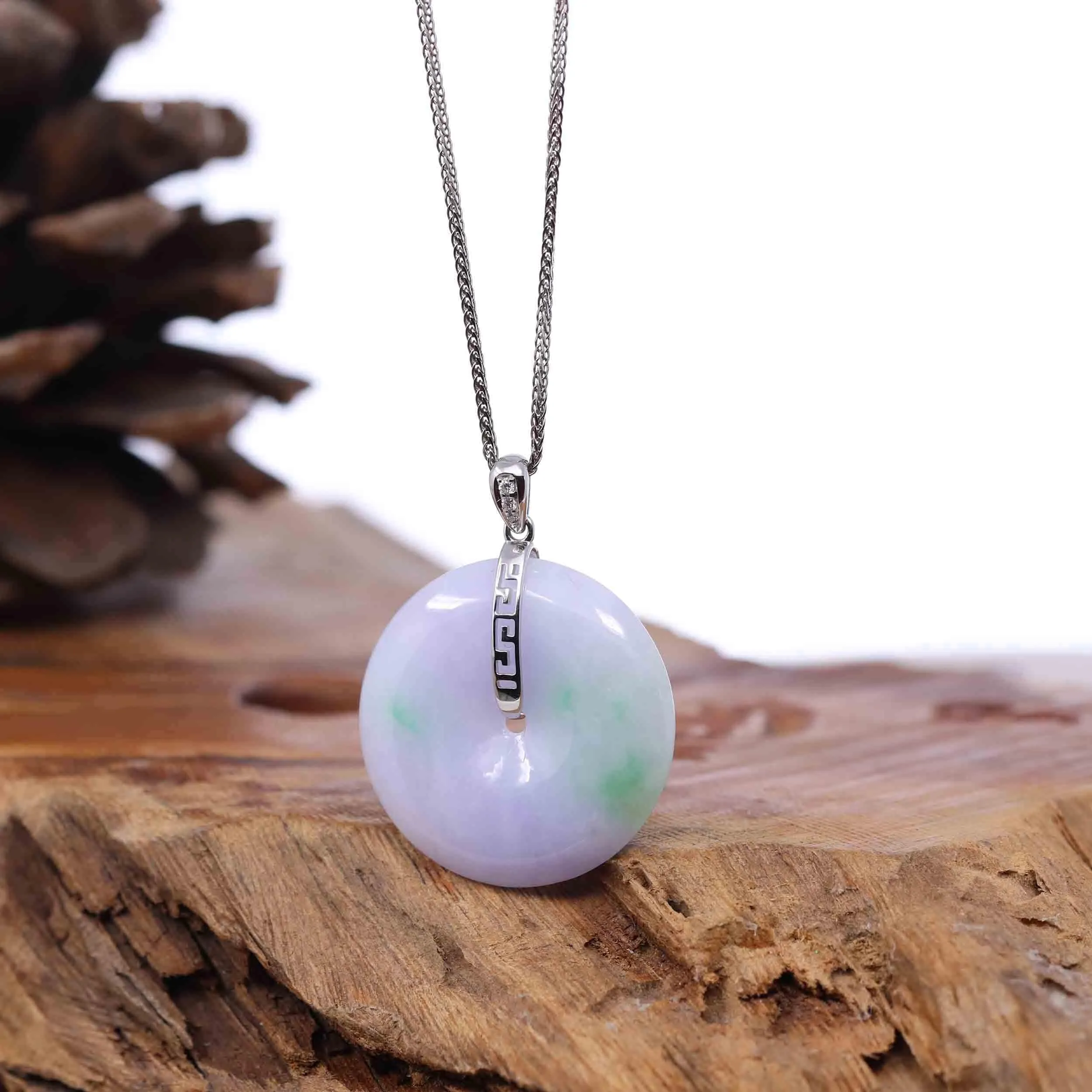 "Good Luck Button" Lavender Jadeite Jade Lucky KouKou Pendant With 14K White Gold Bail