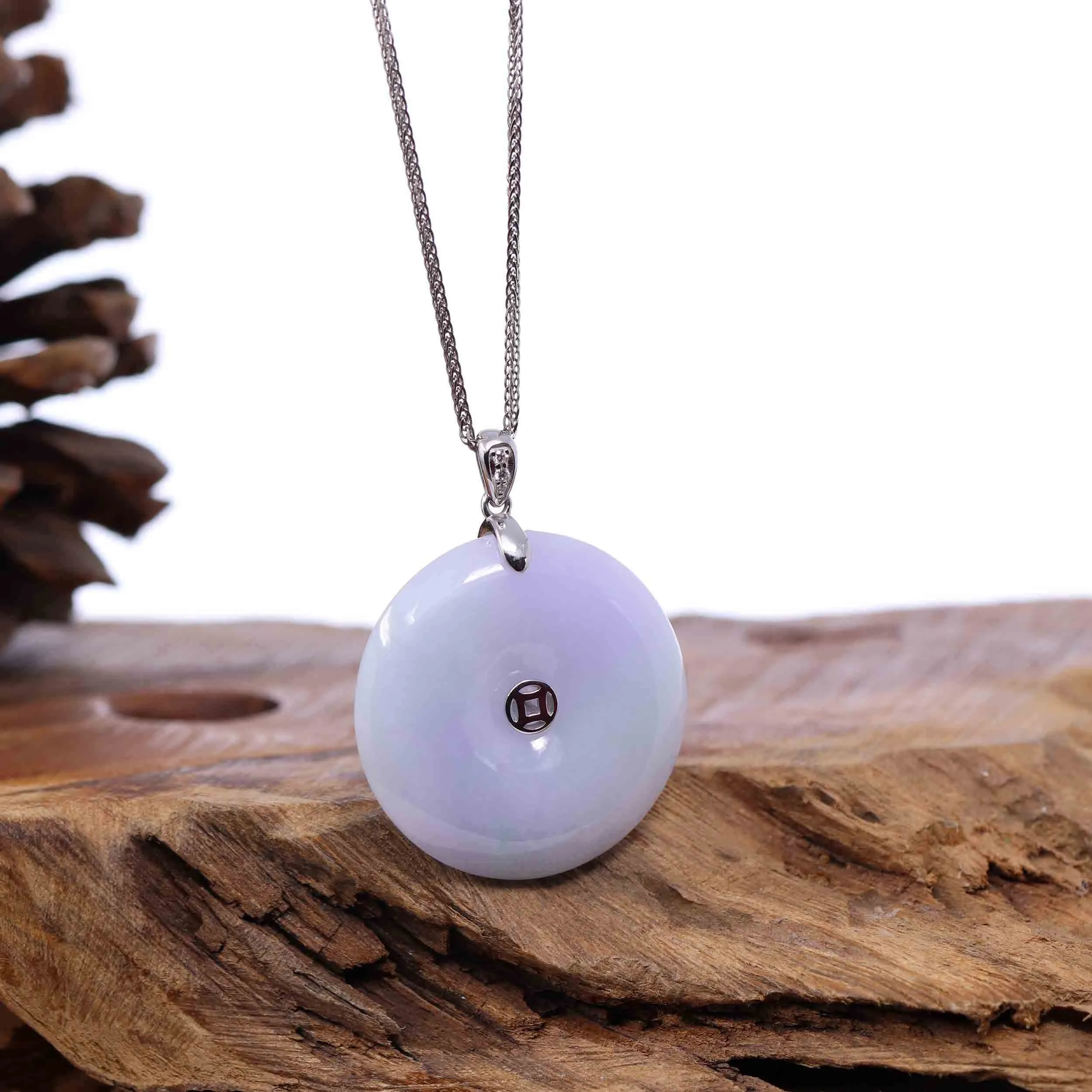 "Good Luck Button" Lavender Jadeite Jade Lucky KouKou Pendant With 14K White Gold Bail