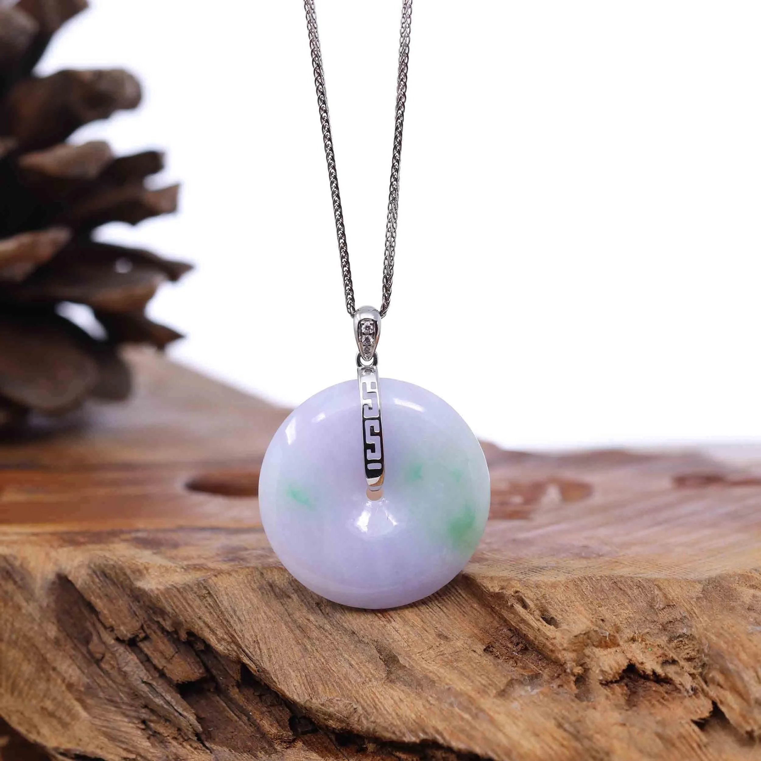 "Good Luck Button" Lavender Jadeite Jade Lucky KouKou Pendant With 14K White Gold Bail