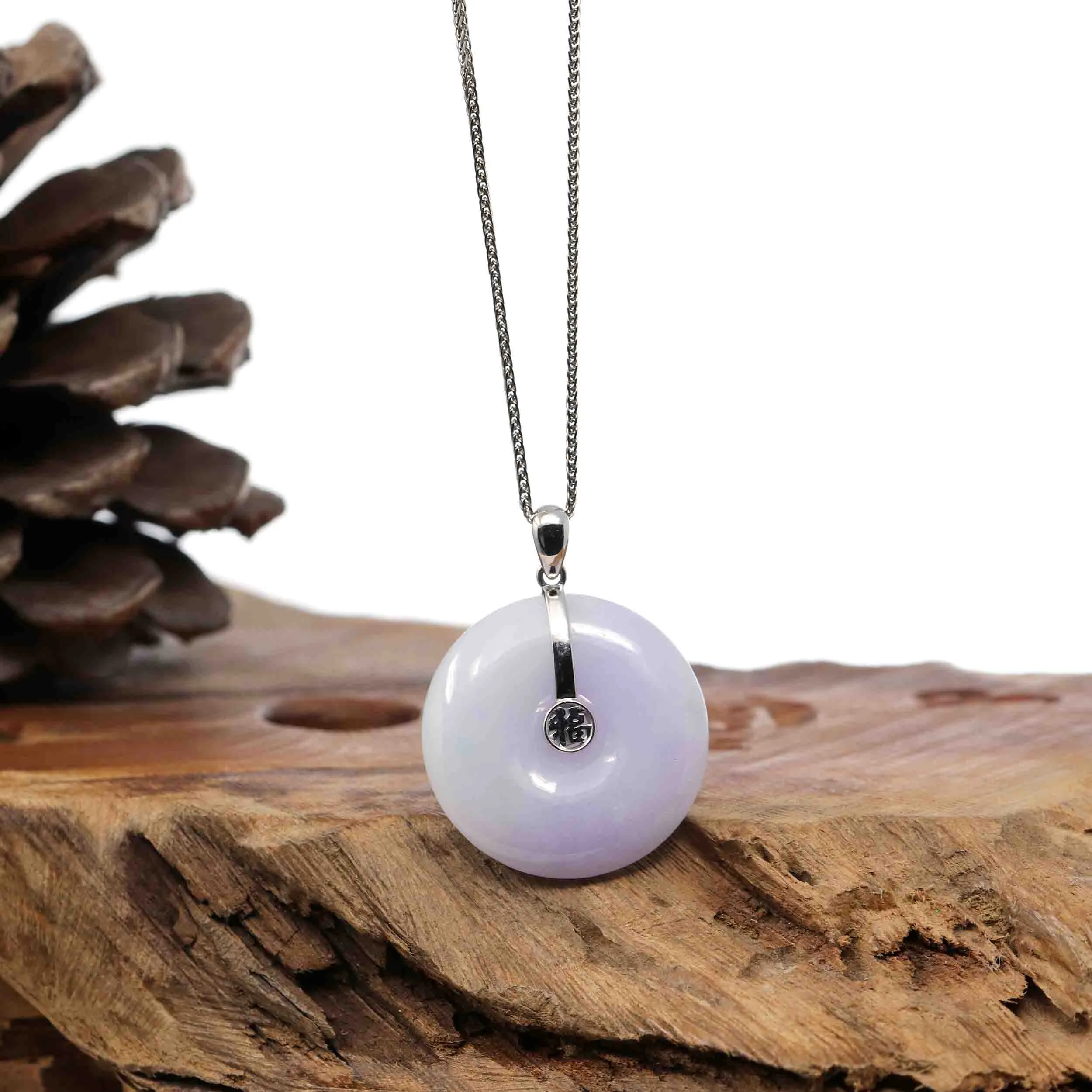 "Good Luck Button" Lavender Jadeite Jade Lucky KouKou Pendant With 14K White Gold Bail