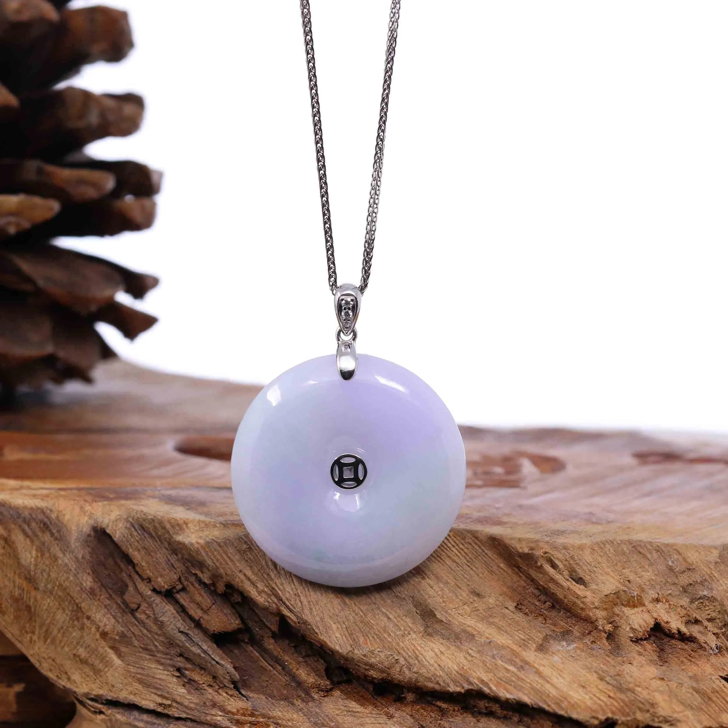 "Good Luck Button" Lavender Jadeite Jade Lucky KouKou Pendant With 14K White Gold Bail