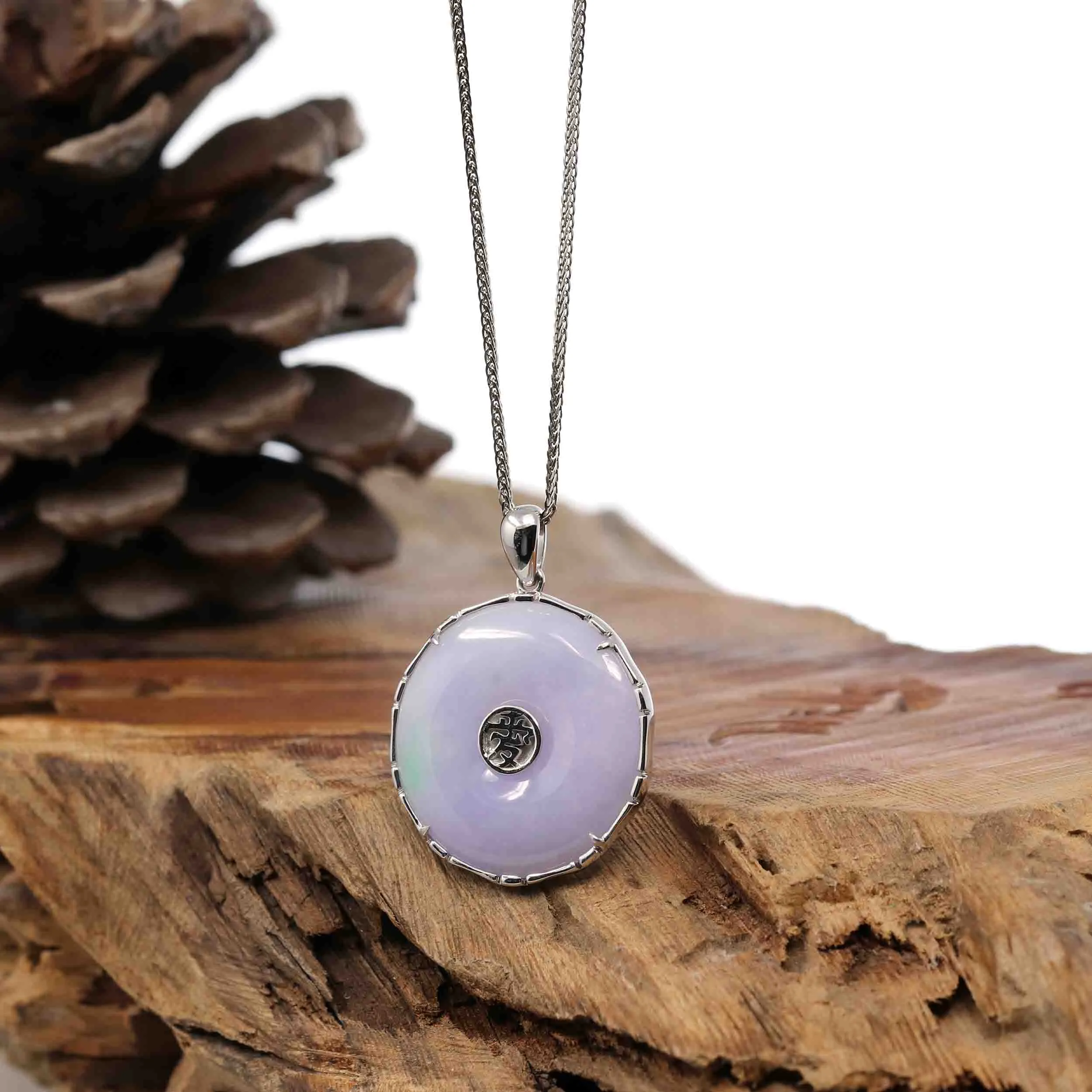 "Good Luck Button" Lavender Jadeite Jade Lucky KouKou Pendant With 14K White Gold Diamond Bail