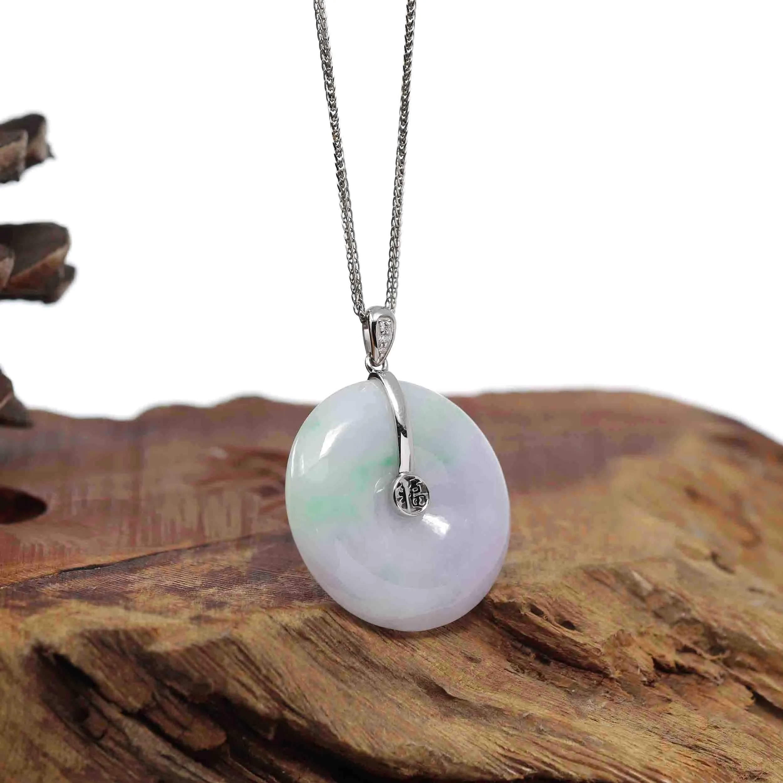 "Good Luck Button" Lavender Jadeite Jade Lucky KouKou Pendant With 14K White Gold Diamond Bail