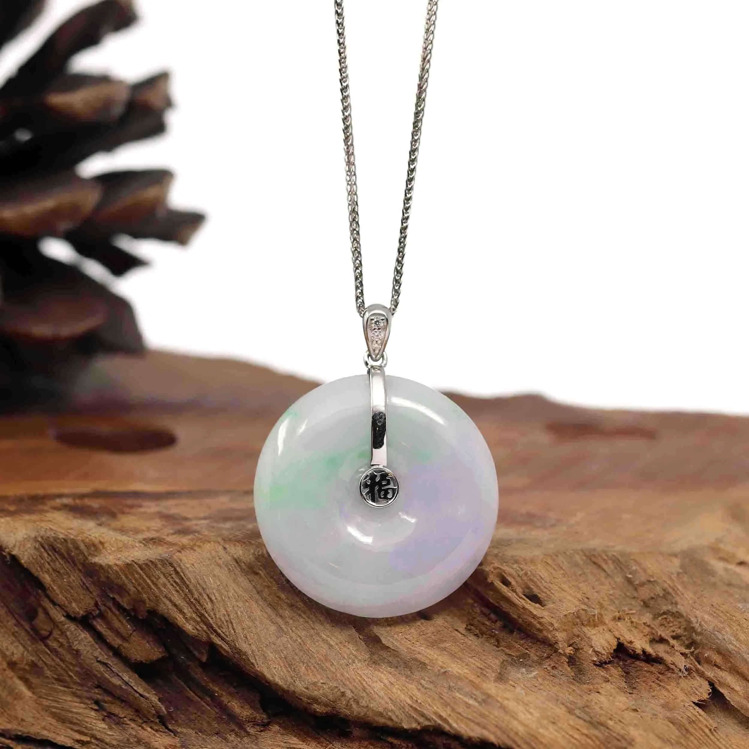 "Good Luck Button" Lavender Jadeite Jade Lucky KouKou Pendant With 14K White Gold Diamond Bail