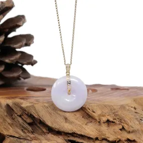 "Good Luck Button" Lavender Jadeite Jade Lucky KouKou Pendant With 14K Yellow Gold Bail