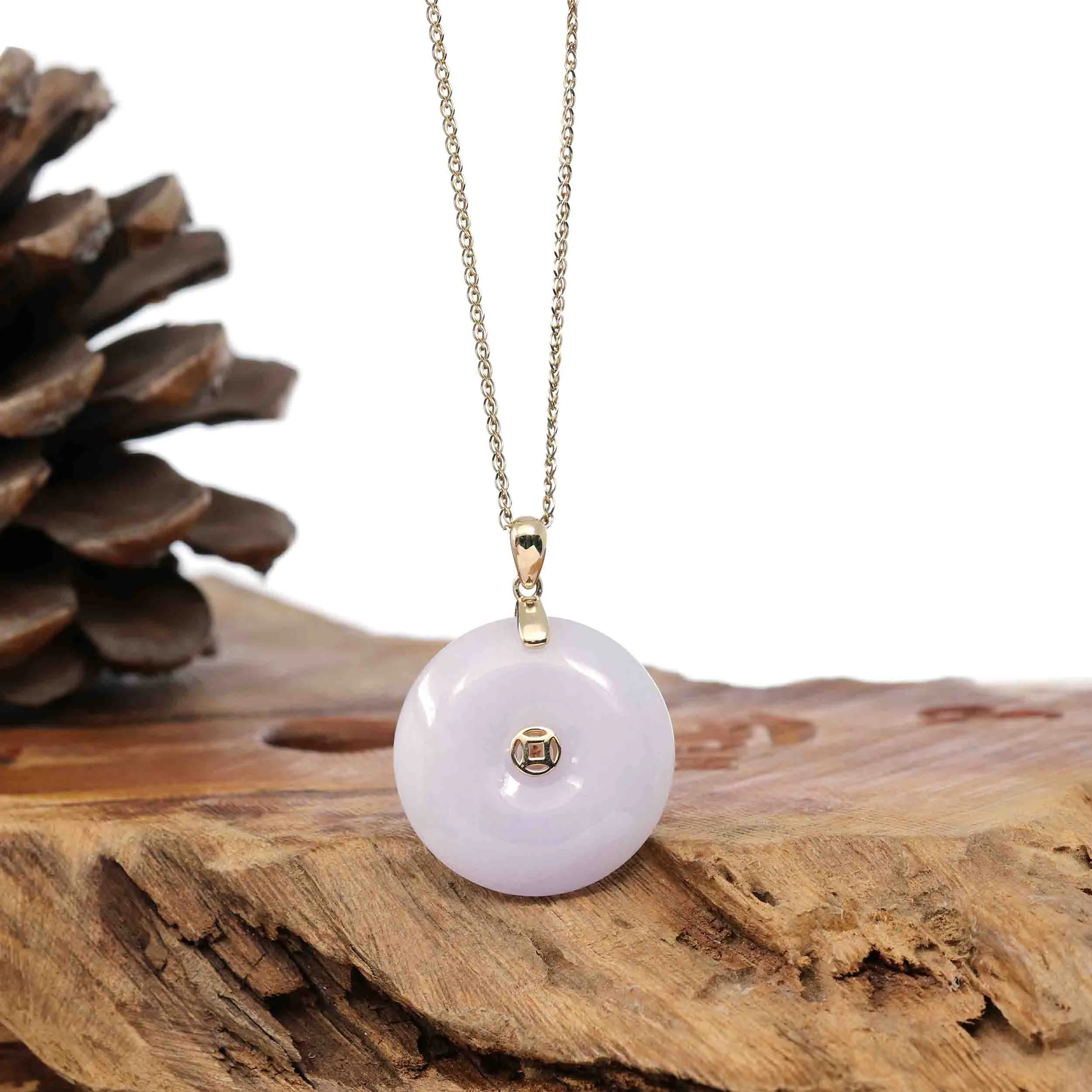 "Good Luck Button" Lavender Jadeite Jade Lucky KouKou Pendant With 14K Yellow Gold Bail