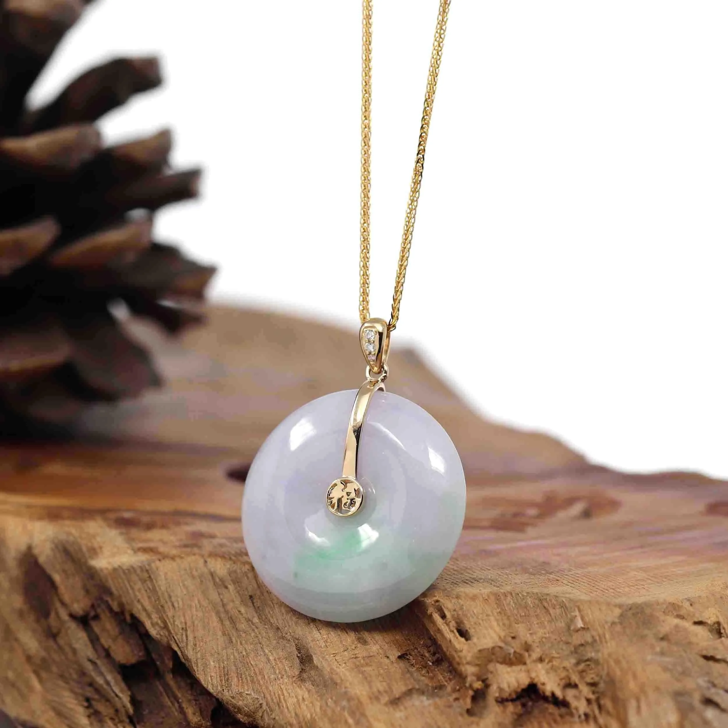 "Good Luck Button" Lavender Jadeite Jade Lucky KouKou Pendant With 14K Yellow Gold  Diamond Bail