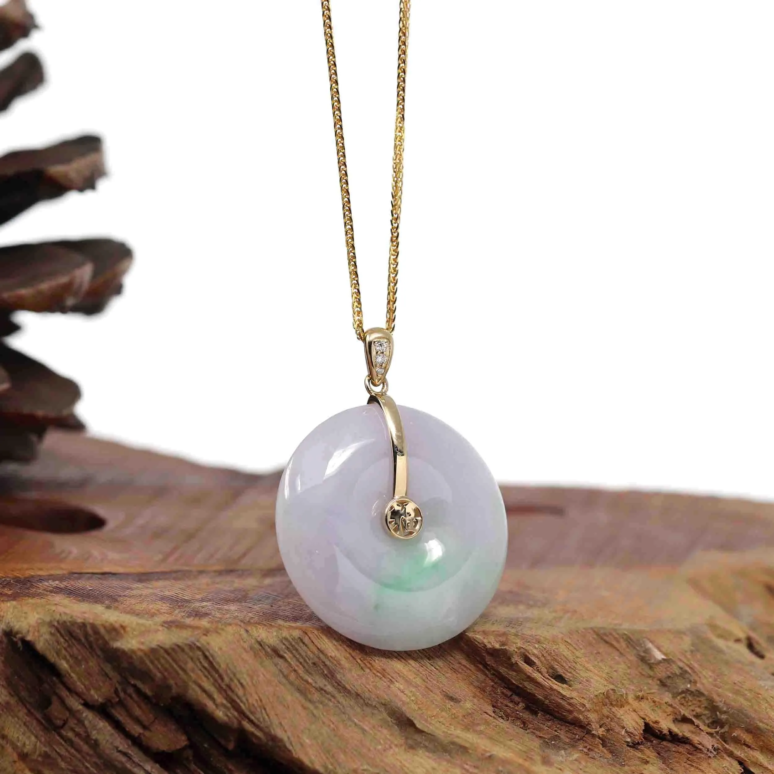 "Good Luck Button" Lavender Jadeite Jade Lucky KouKou Pendant With 14K Yellow Gold  Diamond Bail