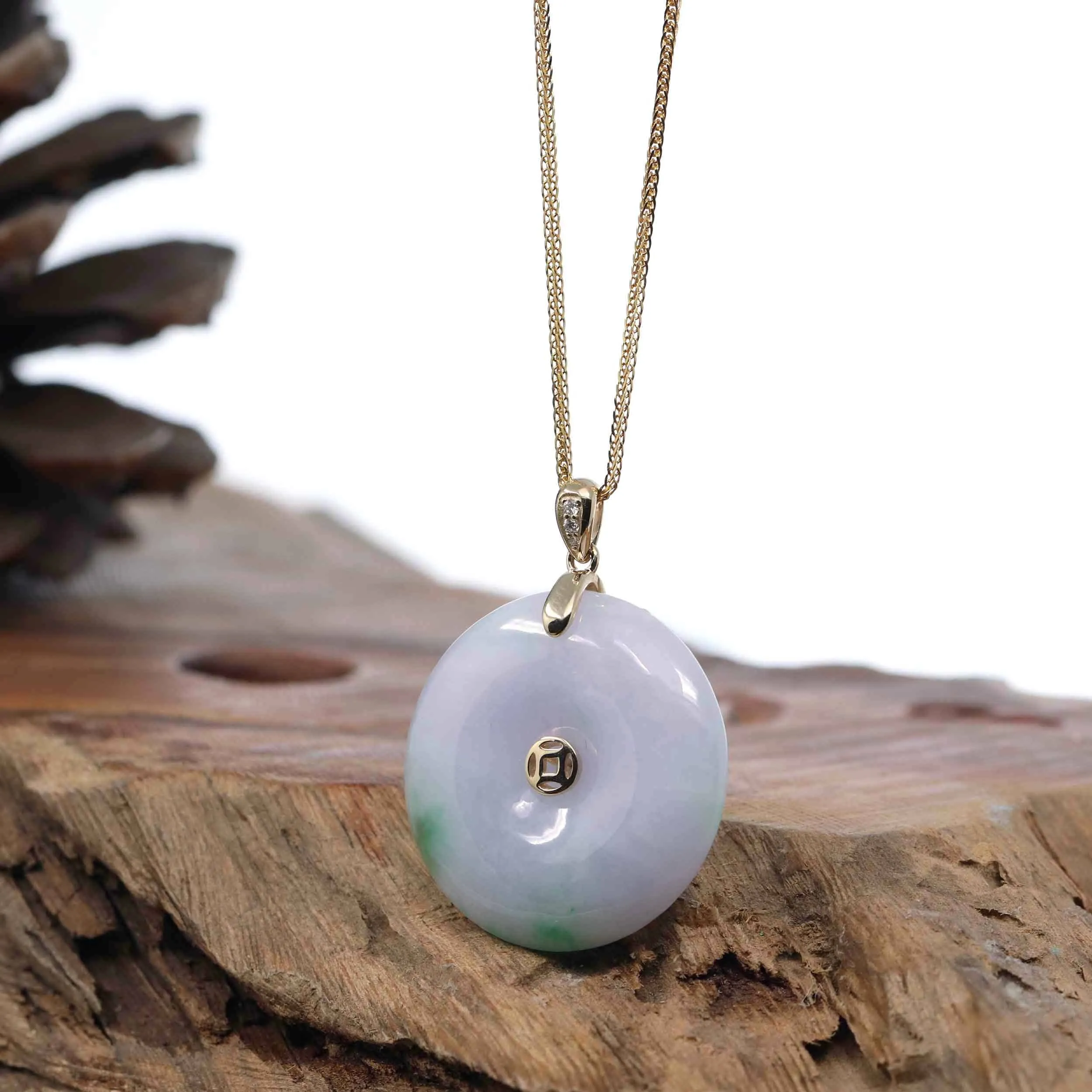 "Good Luck Button" Lavender Jadeite Jade Lucky KouKou Pendant With 14K Yellow Gold  Diamond Bail