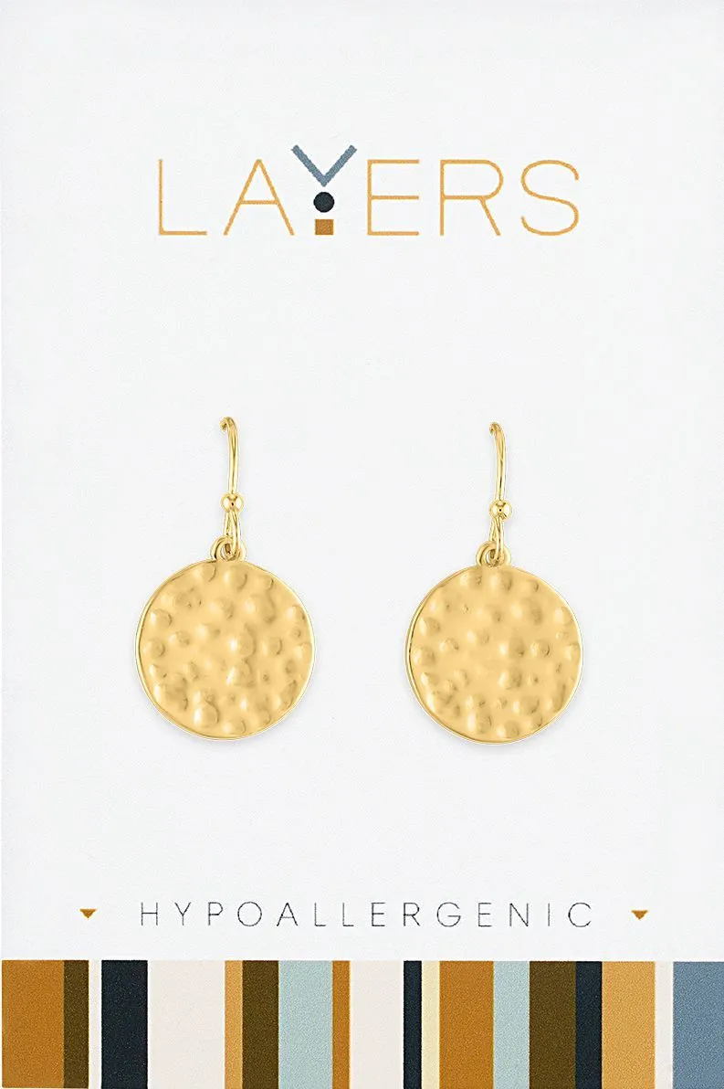 Radiant Ripples: Gold Hammered Dangle Layers Earring Set - Lead and Nickel-Free, Gold Plated