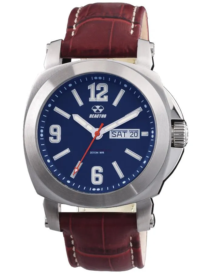 Reactor Fermi Mens Day/Date Watch - Matte Navy Dial - Burgundy Leather Strap