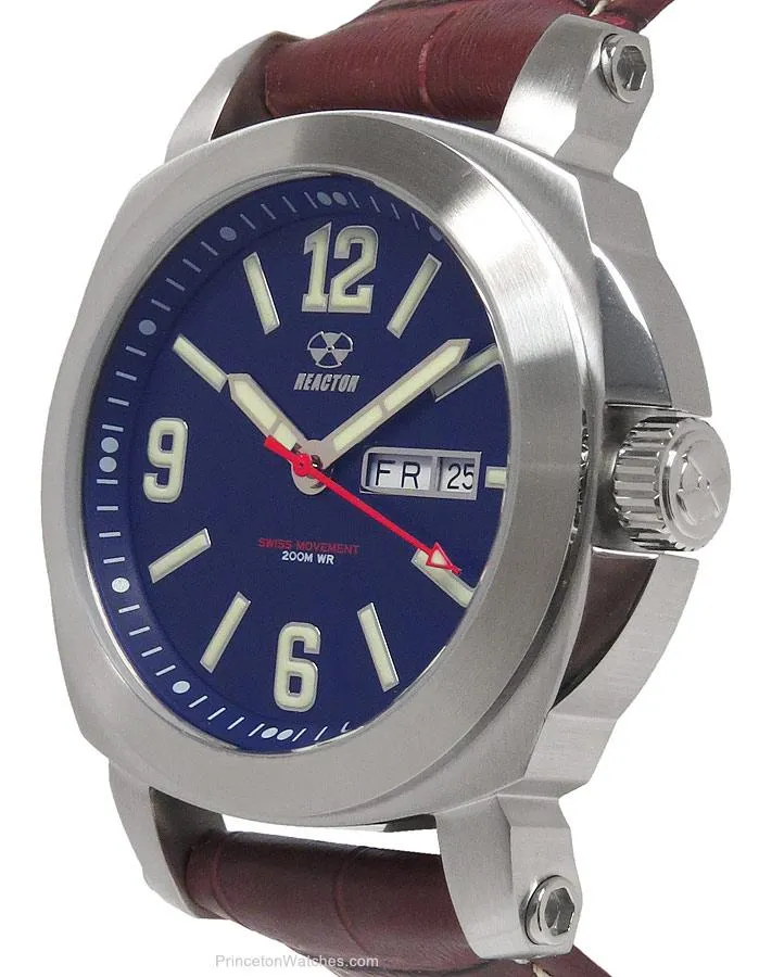 Reactor Fermi Mens Day/Date Watch - Matte Navy Dial - Burgundy Leather Strap