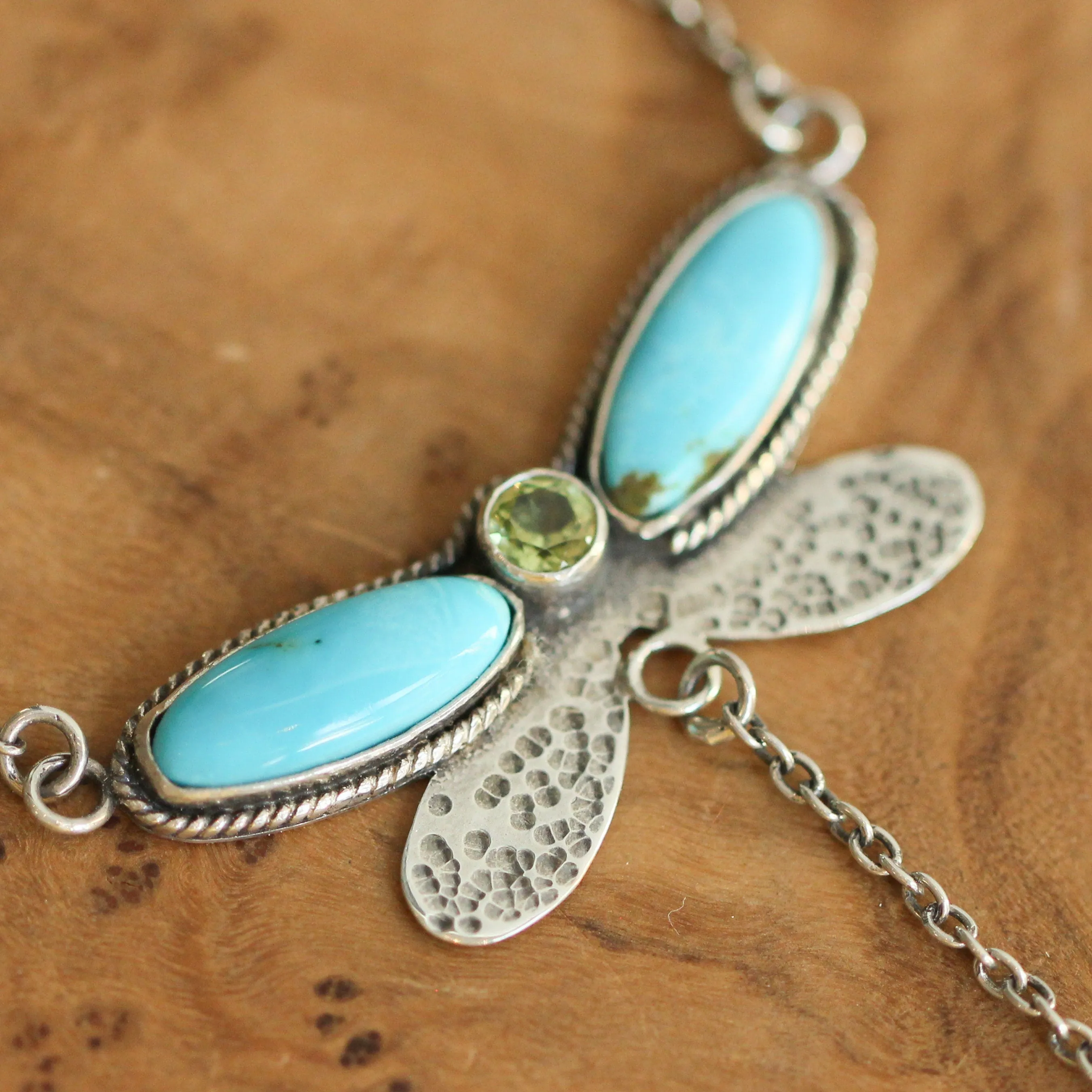 READY TO SHIP - Turquoise Peridot Necklace - Dragonfly Choker -  Turquoise & Peridot - Sterling Silver