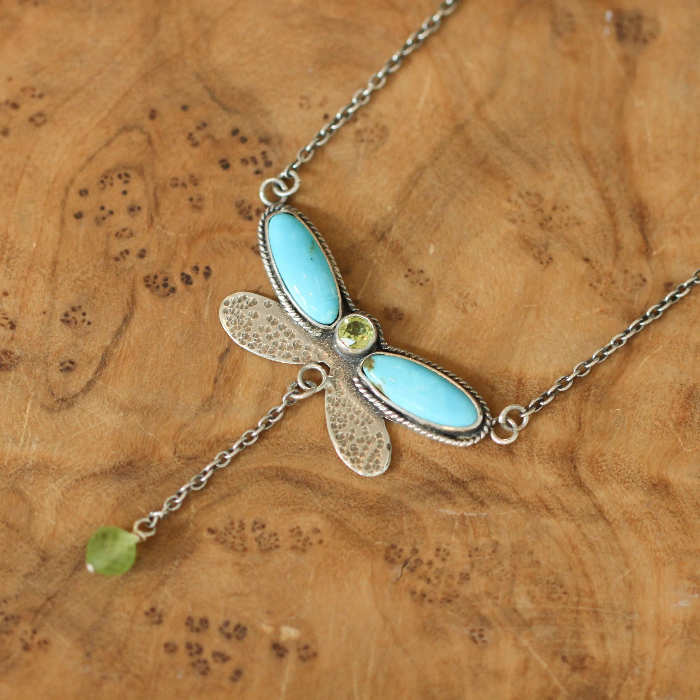 READY TO SHIP - Turquoise Peridot Necklace - Dragonfly Choker -  Turquoise & Peridot - Sterling Silver