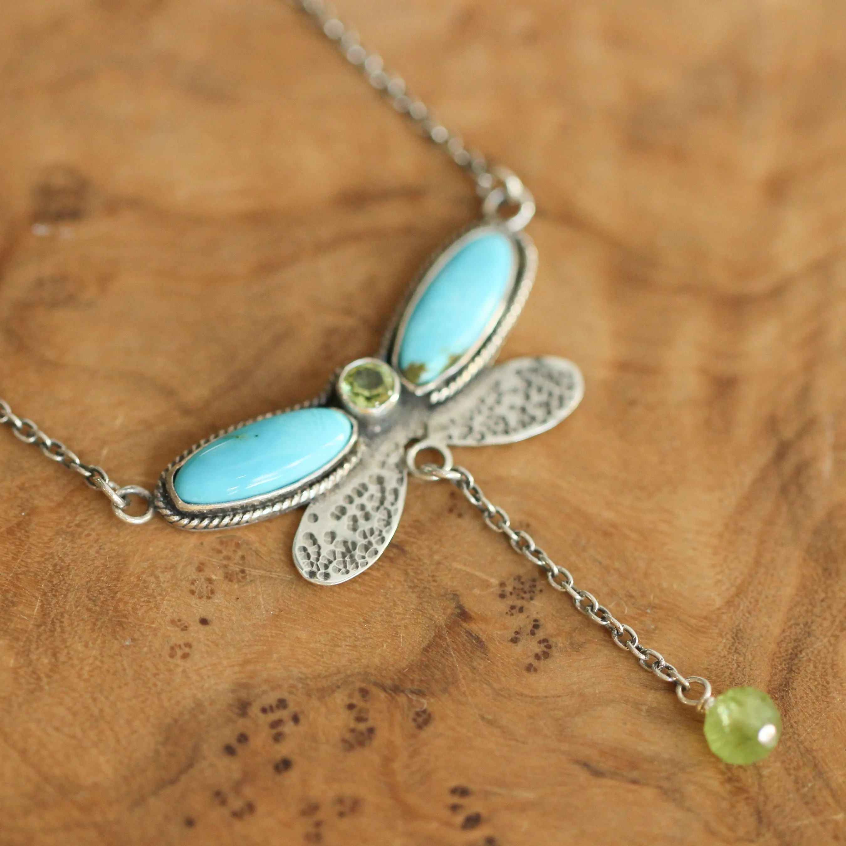 READY TO SHIP - Turquoise Peridot Necklace - Dragonfly Choker -  Turquoise & Peridot - Sterling Silver