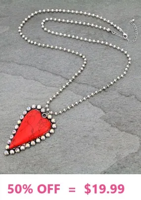 Red Stone Heart Bling Pendant Silver Ball Chain Necklace