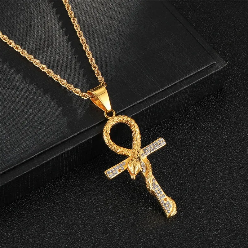 Rhinestone-Studded Snake and Cross Key of Life Bling Stainless Steel Hip-hop Pendant Necklace