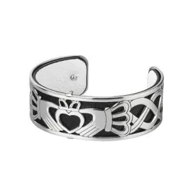 Rhodium and Leather Claddagh Cuff Bangle