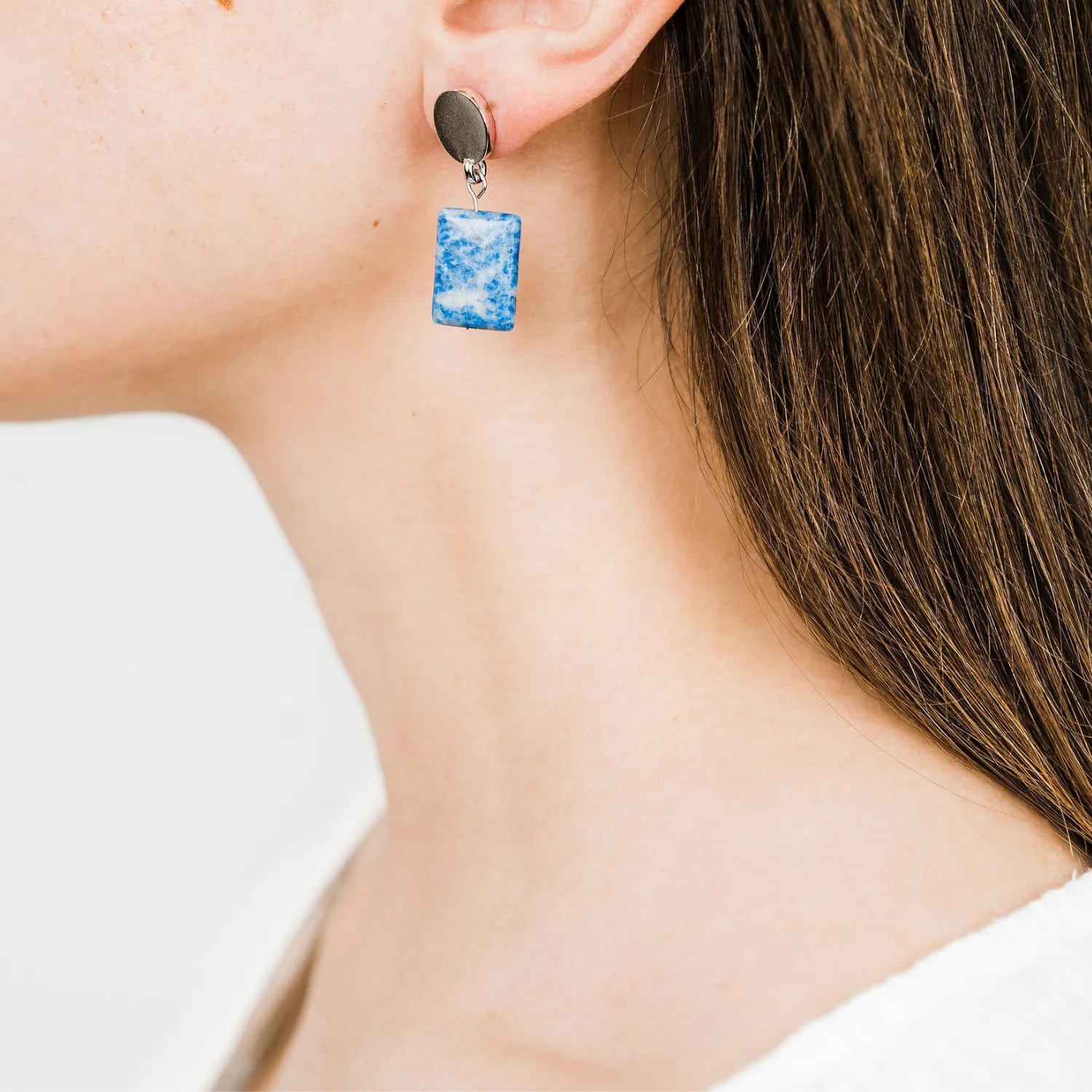 rhodium oval   denim lapis earrings